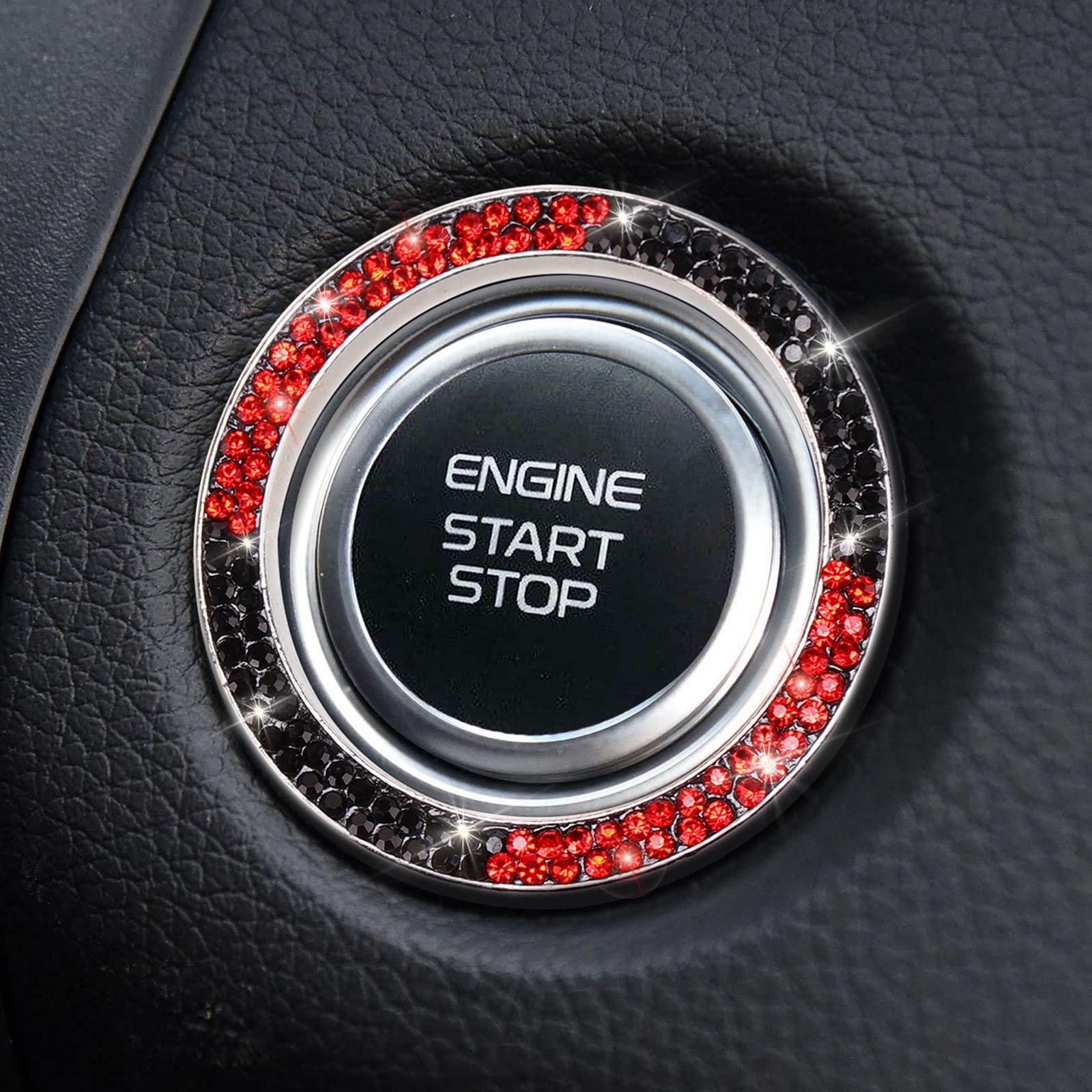 Tobequeen Black And Red Bling Push Button Start Ring Emblem Sticker,Crystal Rhinestone Interior Engine Start Stop Car Bling Ring