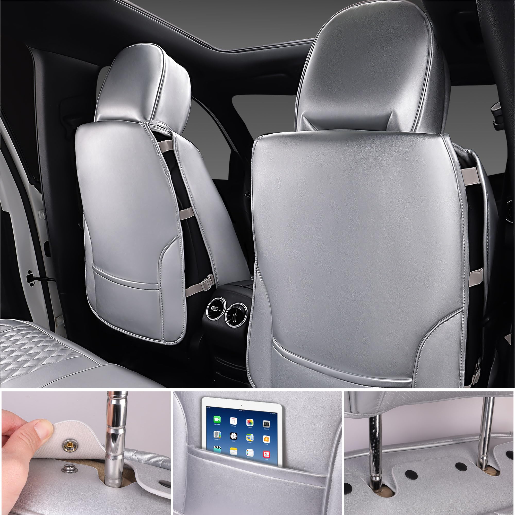 Car Pass Nappa Leather Car Seat Covers For Full Set Bling Silver Diamond Universal Luxury Cushion, Waterproof Anti-Slip Seat Pro
