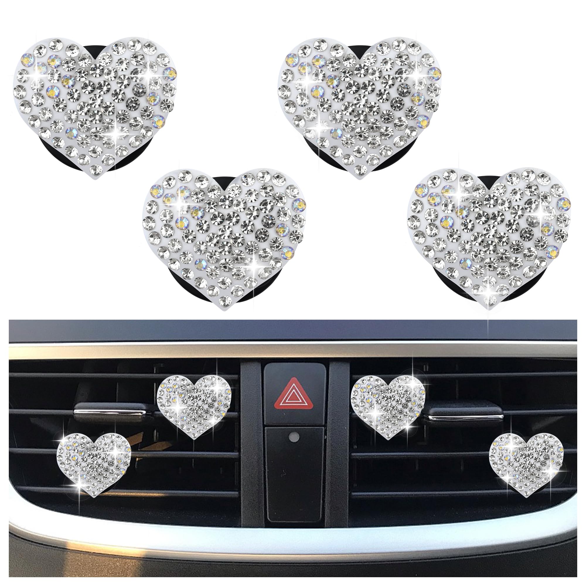 4Pcs Heart-Shaped Car Vent Clips With Rhinestone,Bling Air Vent Clips Car Decorations,Premium Shiny Car Clips For Vents Car Acce