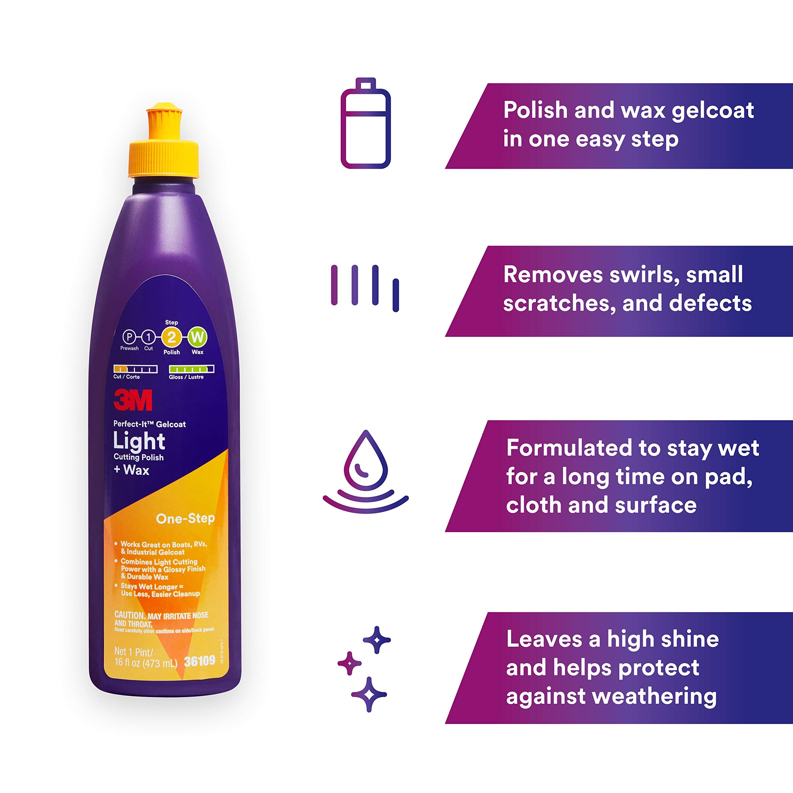 3M Perfect-It Gelcoat Light Cutting Polish + Wax, 36109, 1 Pint, One-Step Process, Removes Scratches And Swirls, Light Oxidation