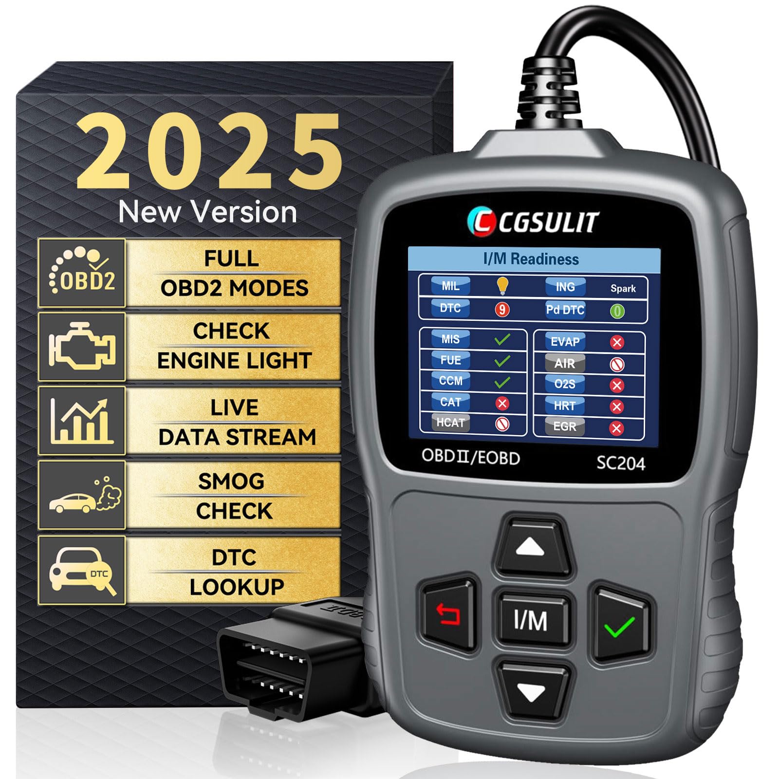 CGSULIT Scan Tool SC204 OBD2 Scanner, Check Engine Light Code Reader with Reset, OneClick I/M, Clear Error Code, DTC Lookup & M
