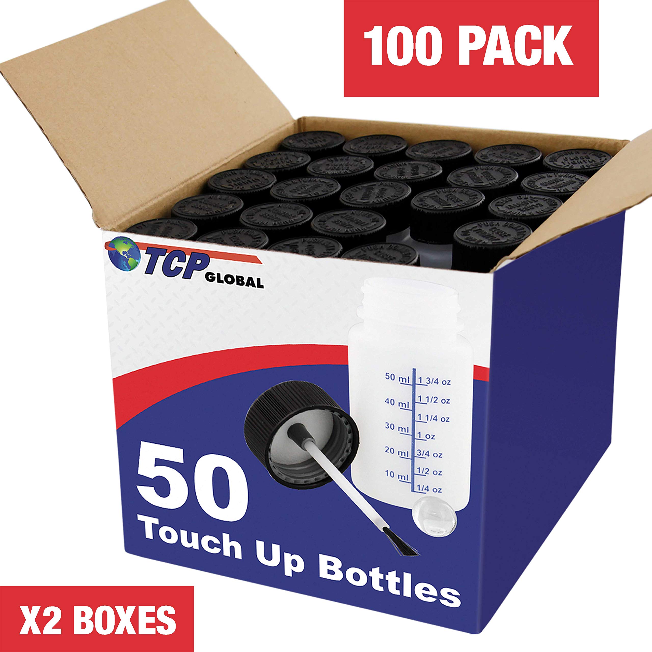 Tcp Global Paint Touch Up Bottles With Child Safety Lids (Box Of 100) - 2 Ounce (60Ml) Fluid Capacity, Mixing Ball, Touch-Up Applicator Brush - Fix Paint Chips, Scratches, Stone Chips, Auto Car Damage