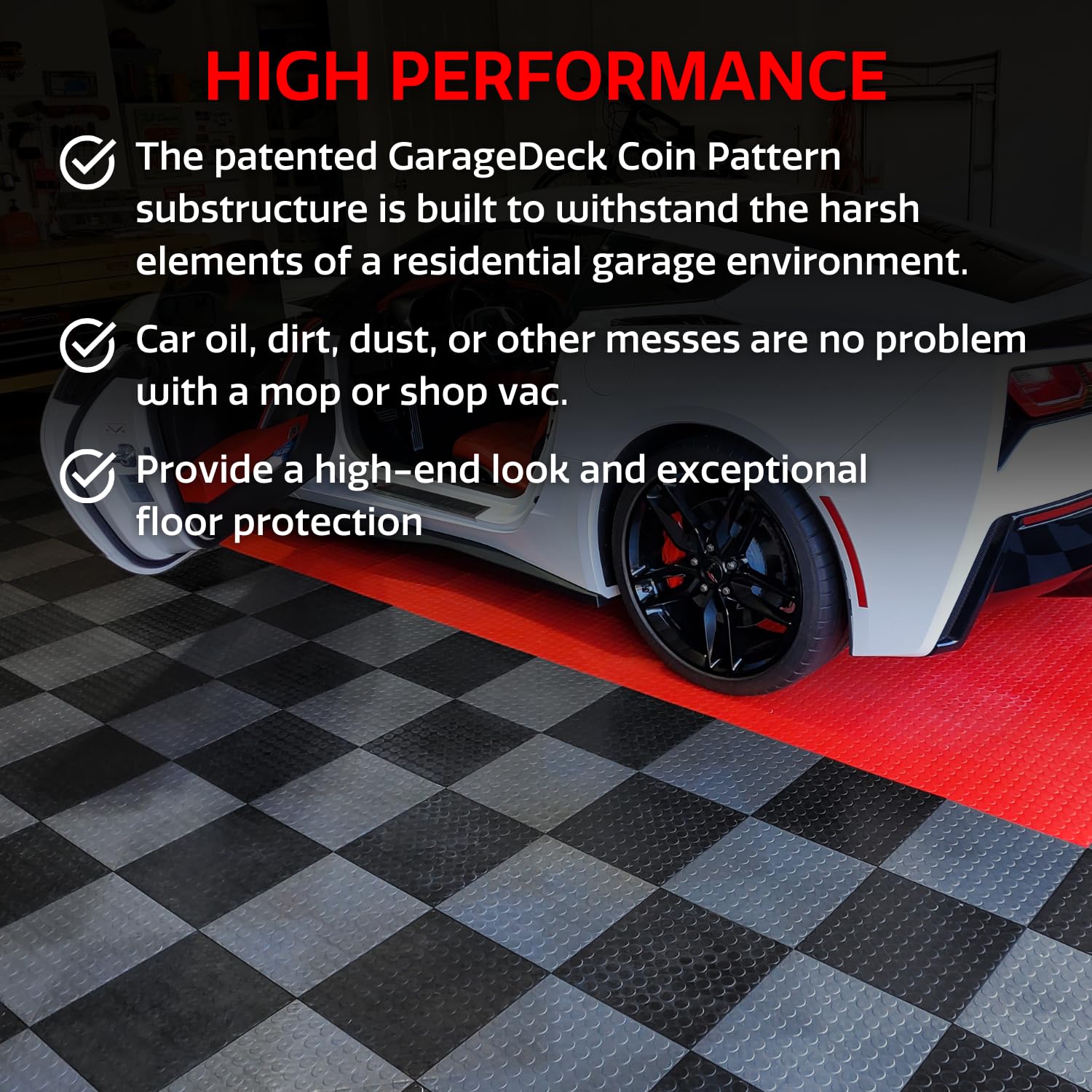 Big Floors GarageDeck Coin Pattern, Durable Copolymer Interlocking Modular Non-Slip Garage Flooring Tile (24 Pack), White