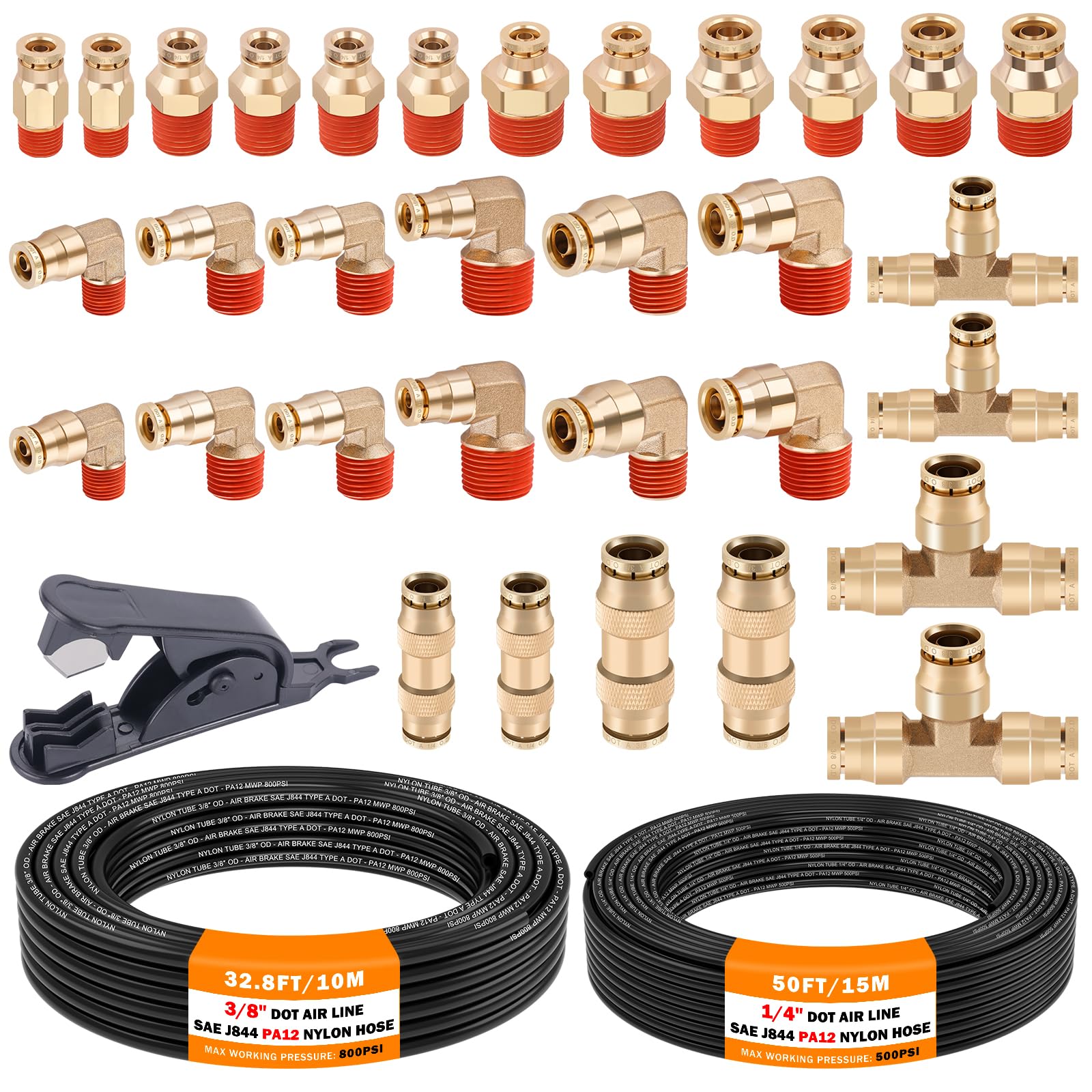 Cheemuii 32 Pcs Brass Dot Air Line Fittings With 50 Ft 1/4'' And 32.8 Ft 3/8'' Dot Air Lines Kit 3/8'' 1/2'' Npt Thread & Quick