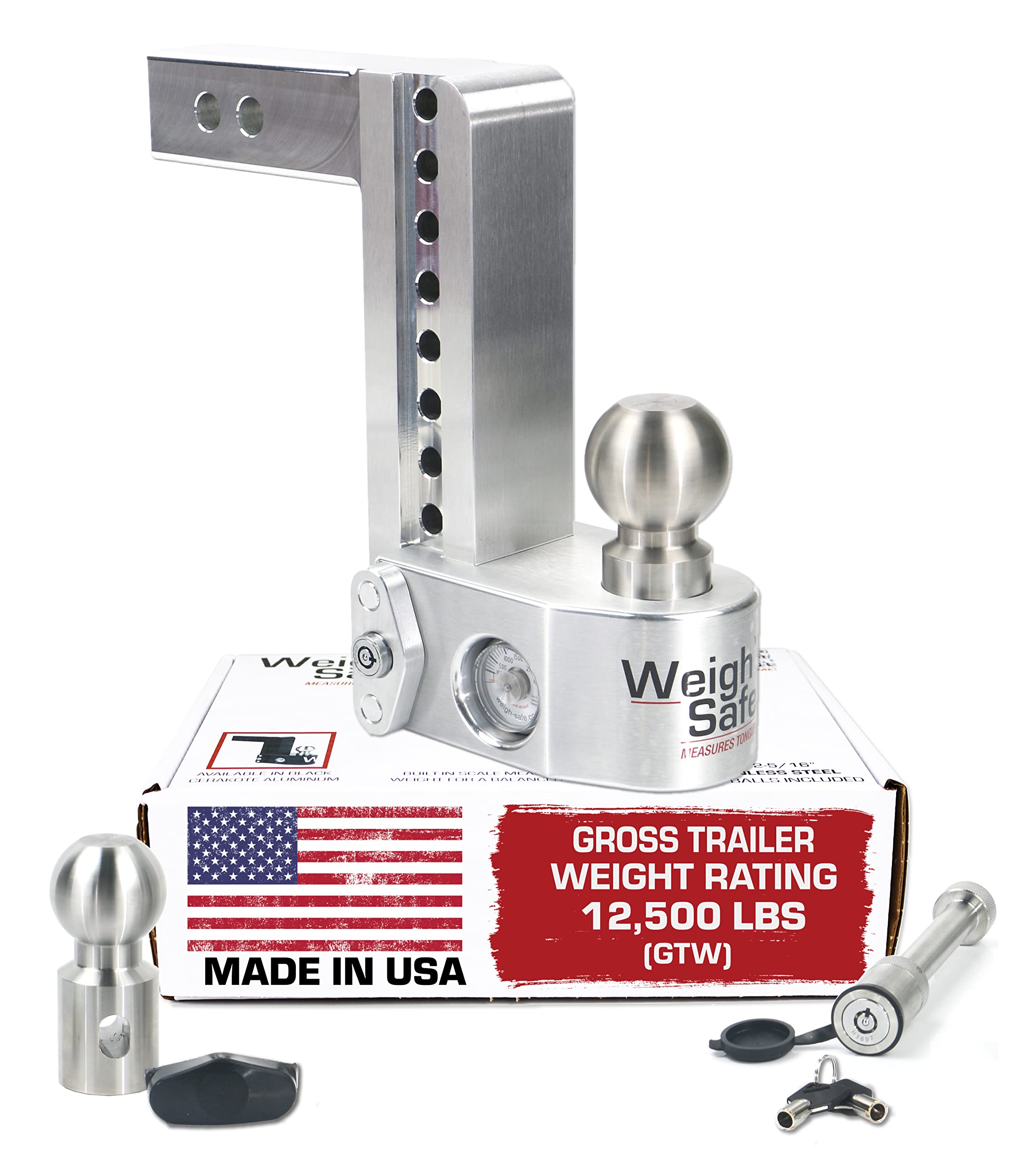 Weigh Safe Adjustable Trailer Hitch Ball Mount - 8'' Drop Hitch For 2'' Receiver W/ 2 Pc Keyed Alike Lock Set, Premium Aluminum 