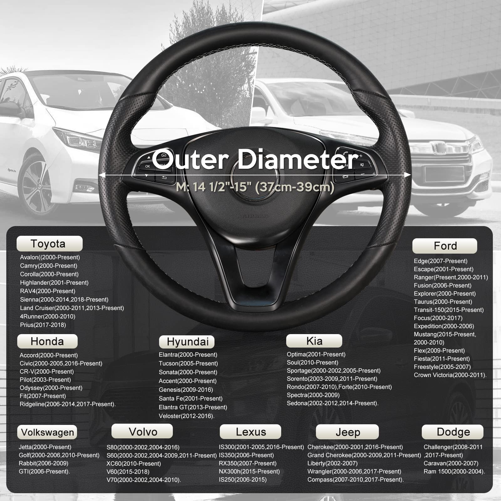 SEG Direct Car Steering Wheel Cover for All Standard-Size Steering Wheels with 14 1/2 inches - 15 inches Outer Diameter, Gray Mi