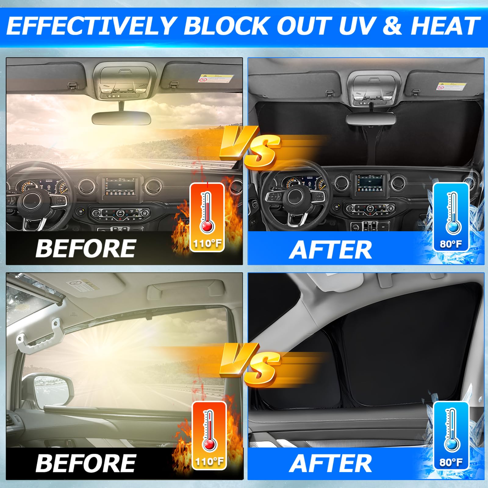 Karltys 3Pcs Windshield Sun Shade For 2022-2025 Rivian R1T, Thickened Reflective Front And Side Window Sunshade Custom Fit Rivia