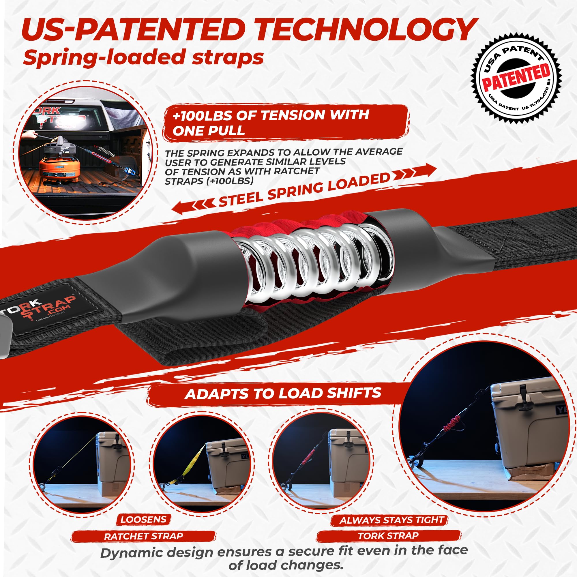 Torkstrap M500 | 14' X 1'' Self Tensioning Tie Down Straps - Automatically Adapt To Load Shifts - 1500Lb Break Strength - Pull Alternative To Ratchet Straps - Integrated Soft Loops & Hooks (4-Pk)