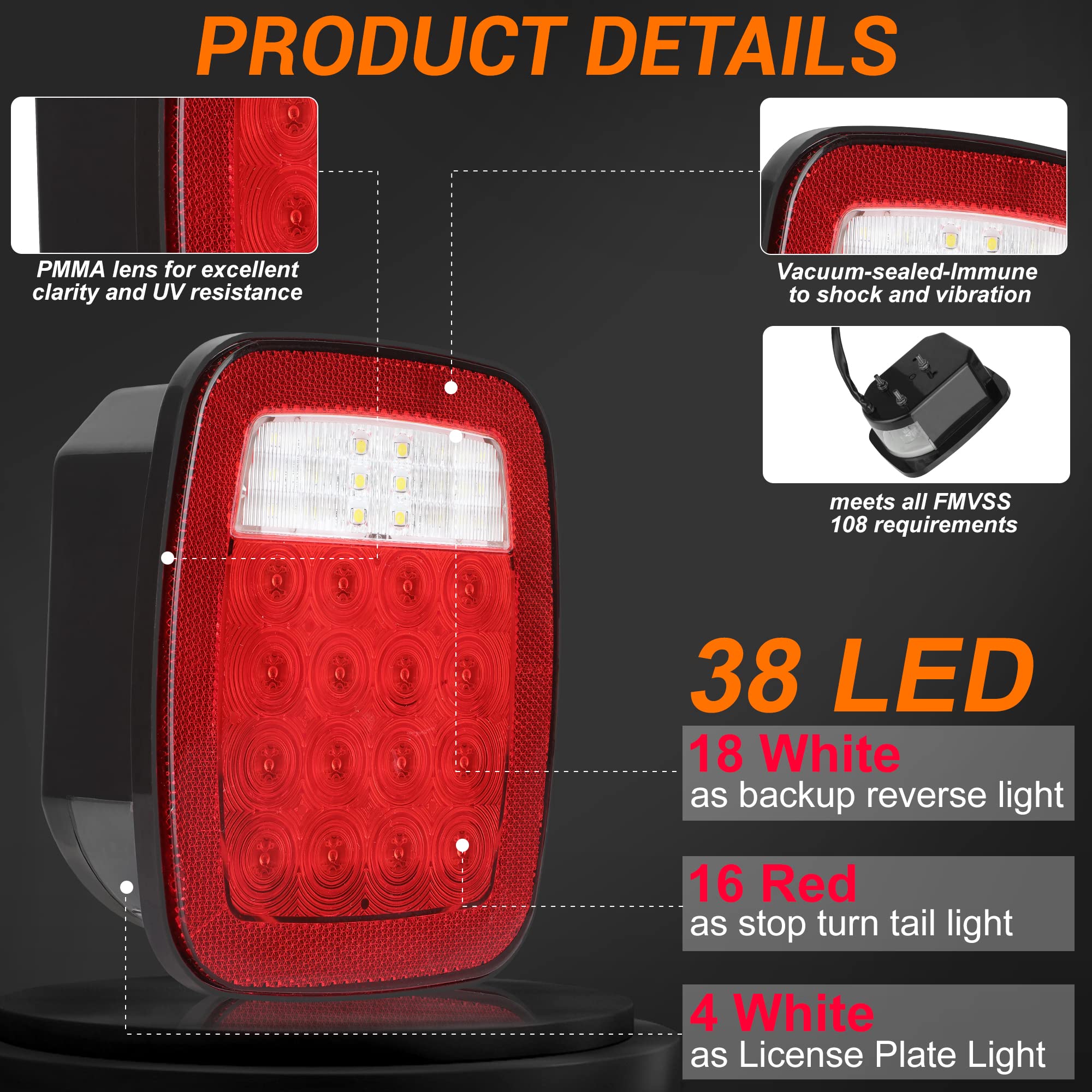 Cmvt Auto Tail Lights 38Led Universal For Jeep Wrangler Yj Tj Cj Truck Trailer Boat Rv Flatbed, Brake Stop Turn License Plate Ba