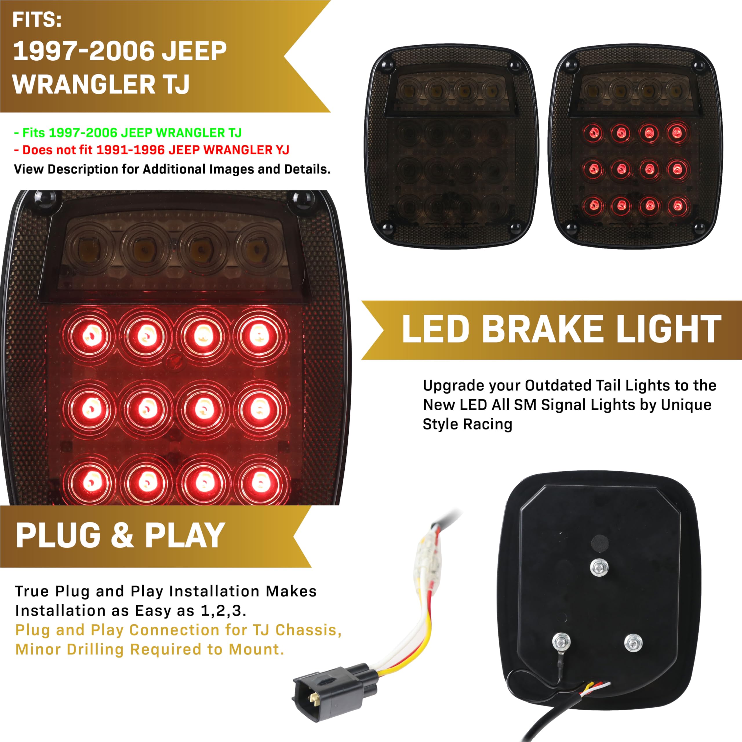 Usr Tj Tail Lights - Full Led Smoke Rear Brake Stop Turn Signal Reverse Backup Tail Lamps Set (Left + Right) For 1997-2006 Wrang