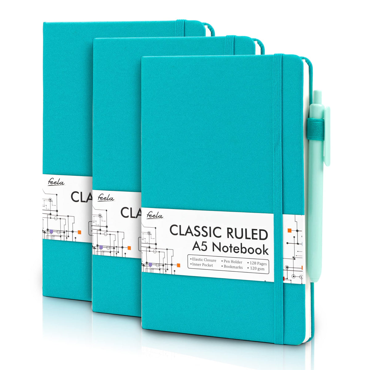Feela 3 Pack Notebooks Journals Bulk With 3 Black Pens, A5 Hardcover Notebook Classic Ruled Lined Journal Set With Pen Holder Fo
