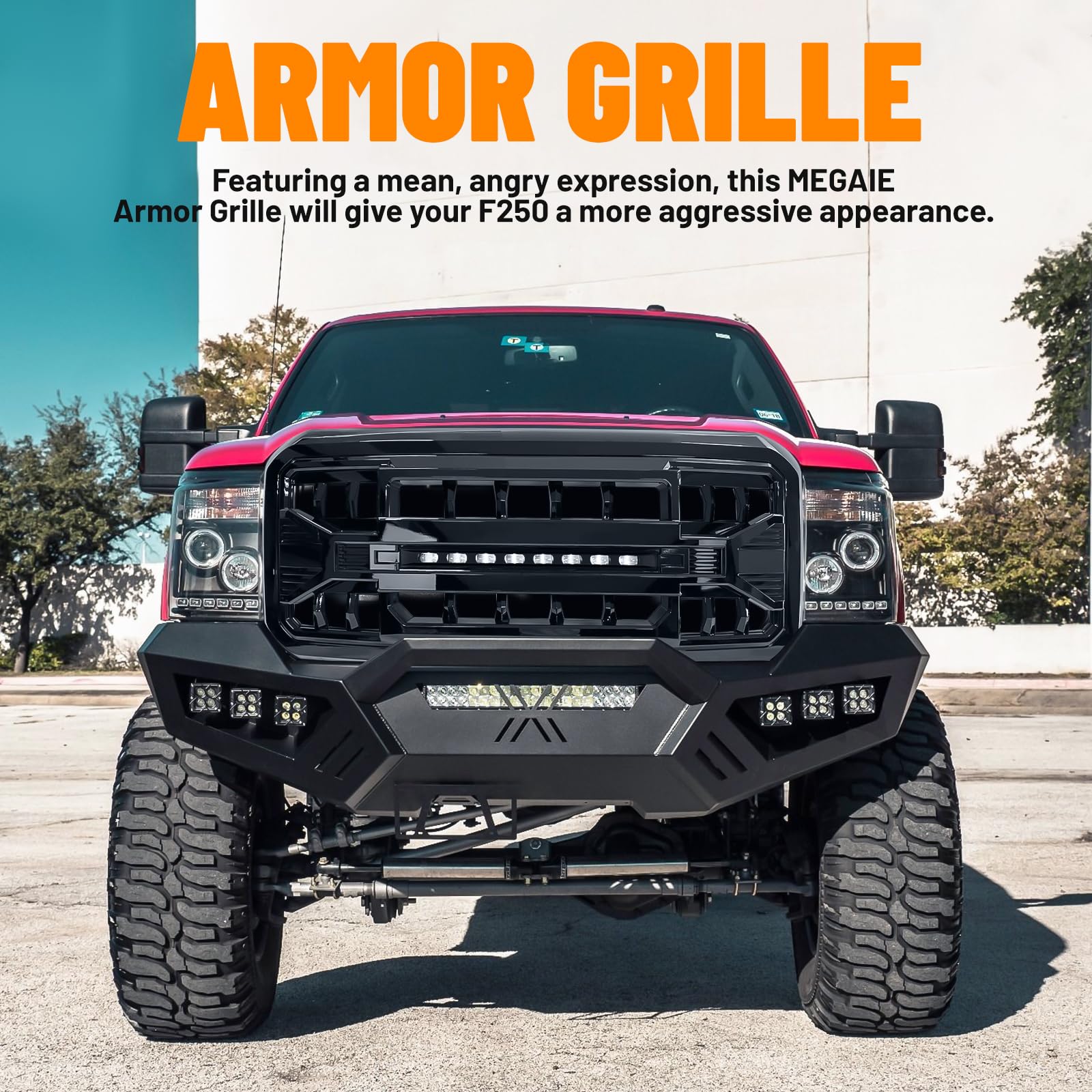MEGAIE Front Grill Compatible with 2011-2016 F250 F350 F450 F550 Super Duty, Glossy Black Bumper Grille Guard w/Off-Road Lights