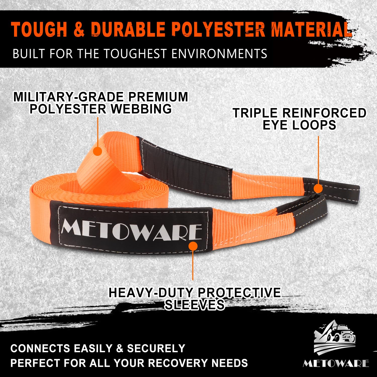 Metoware Tow Strap 3''    20Ft Recovery Strap, Heavy Duty Tow Straps With 35,000 Lb Capacity, Triple Reinforced Loop Straps, Eme