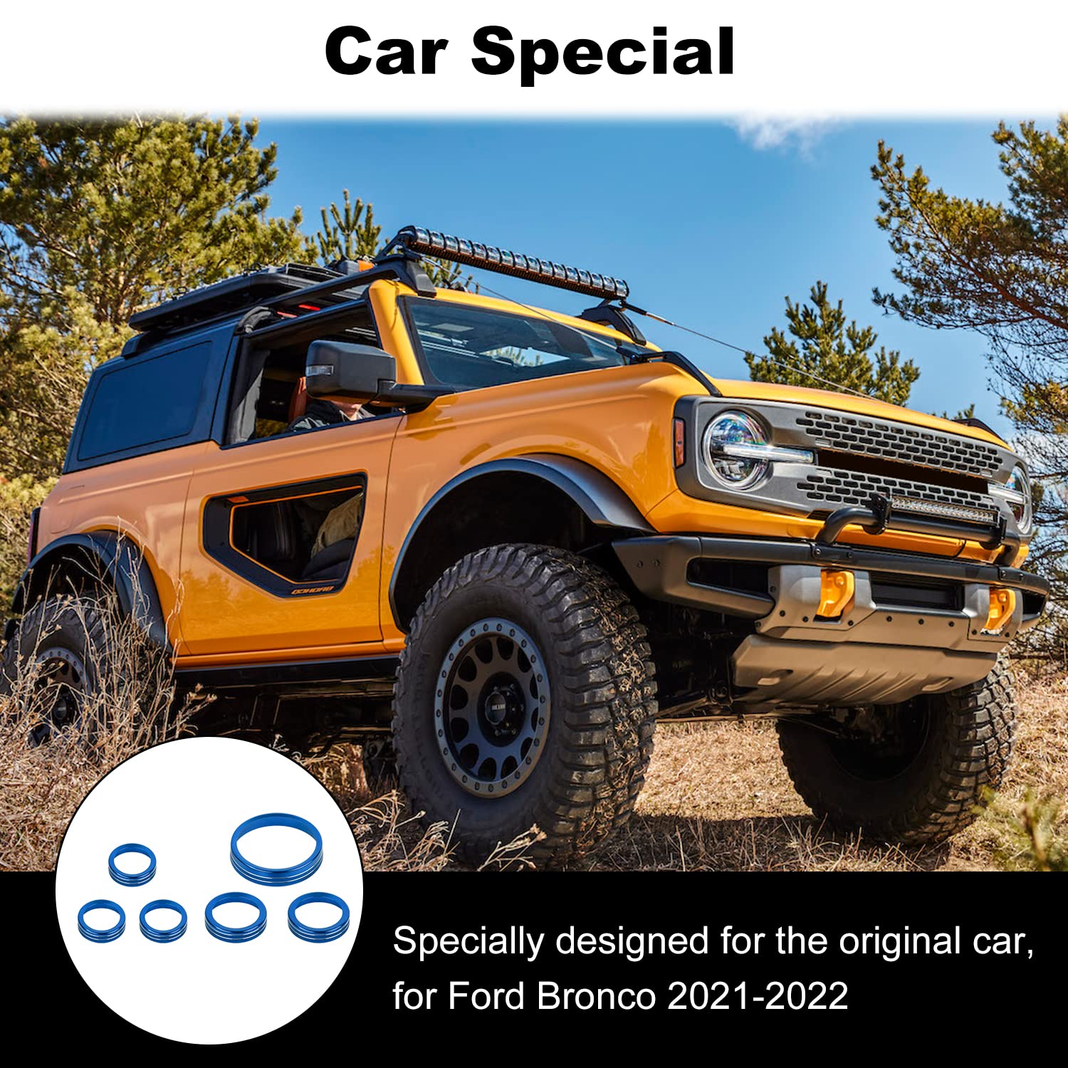 Jwwy Air Conditioner Headlight Switch Knob 4Wd Wheel Drive Trailer Gear Switch Knob Cover For 2021-2024+ Ford Bronco Accessories Aluminum Alloy 6Pcs Blue(Don'T Fit Bronco Sport)