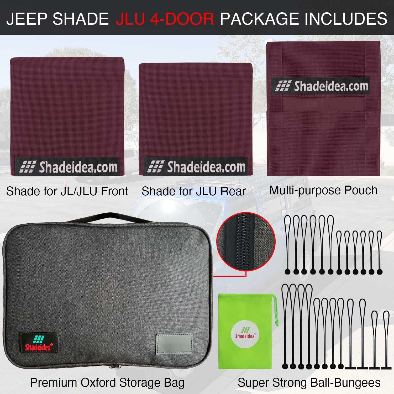 Shadeidea Sun Shade Top For Jeep Wrangler, Jl (2018-2023) 4 Door Top Sunshade, Front & Rear - Wine Red Jlu Mesh Screen Cover, Uv