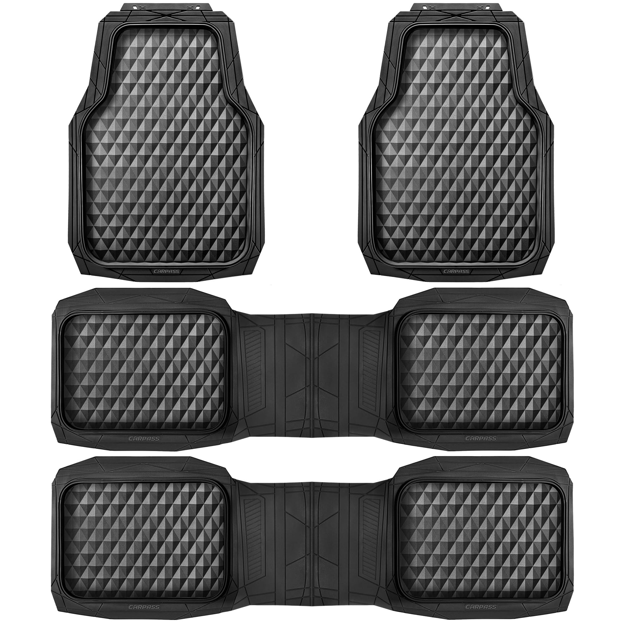 Car Pass 3 Row Heavy Duty Rubber Car Mats, Deep-Dish All-Weather For 7 Seats 8 Seater 2Nd & 3Rd Floor Mats Waterproof Universal