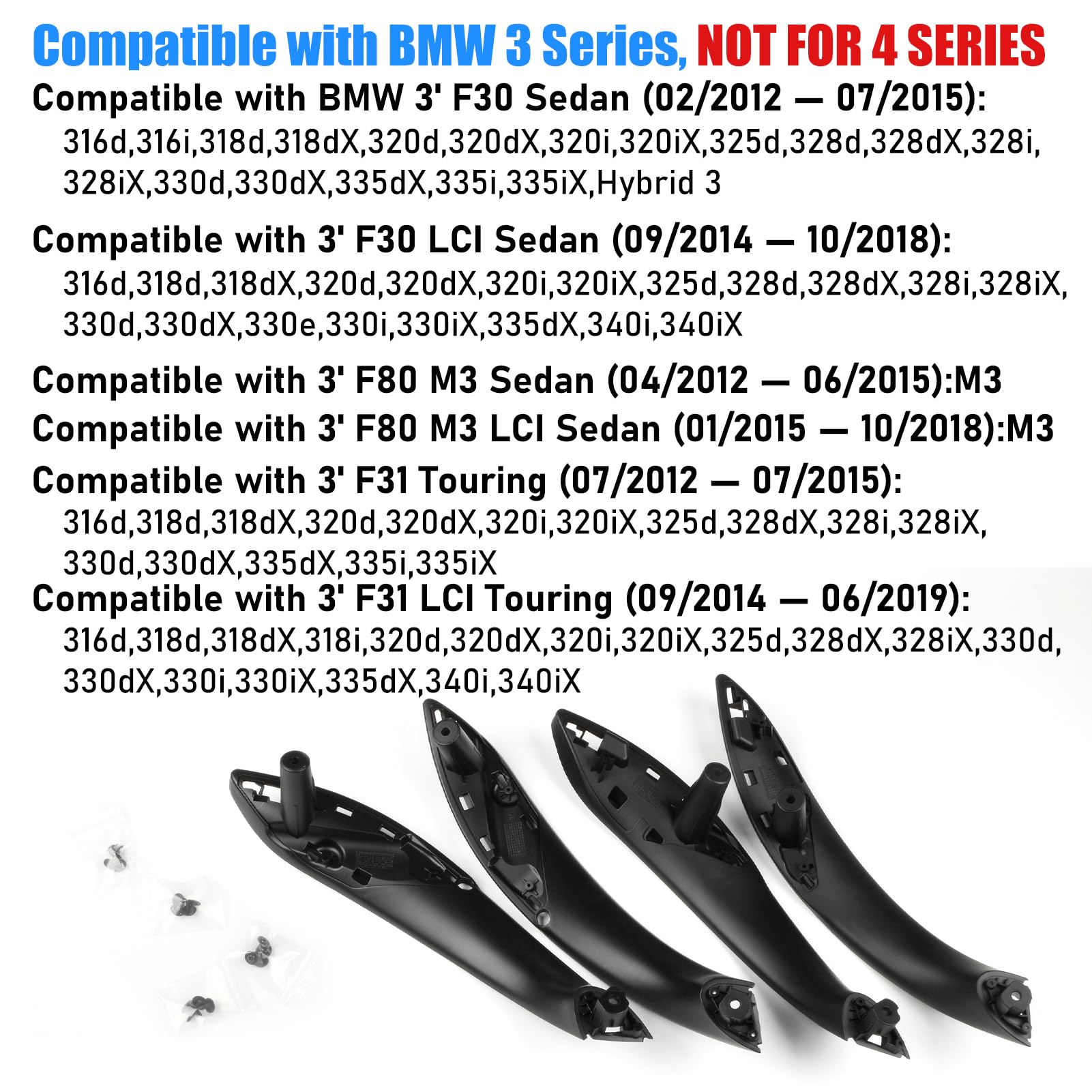 Jaronx Compatible With Bmw Door Handles Replacement For 320I,325I,328I,330I,335I,340I F30/F31/F80 M3, 4Pcs Driver Side And Passenger Side Interior Door Pull Handle Replacement(Not For 4 Series)