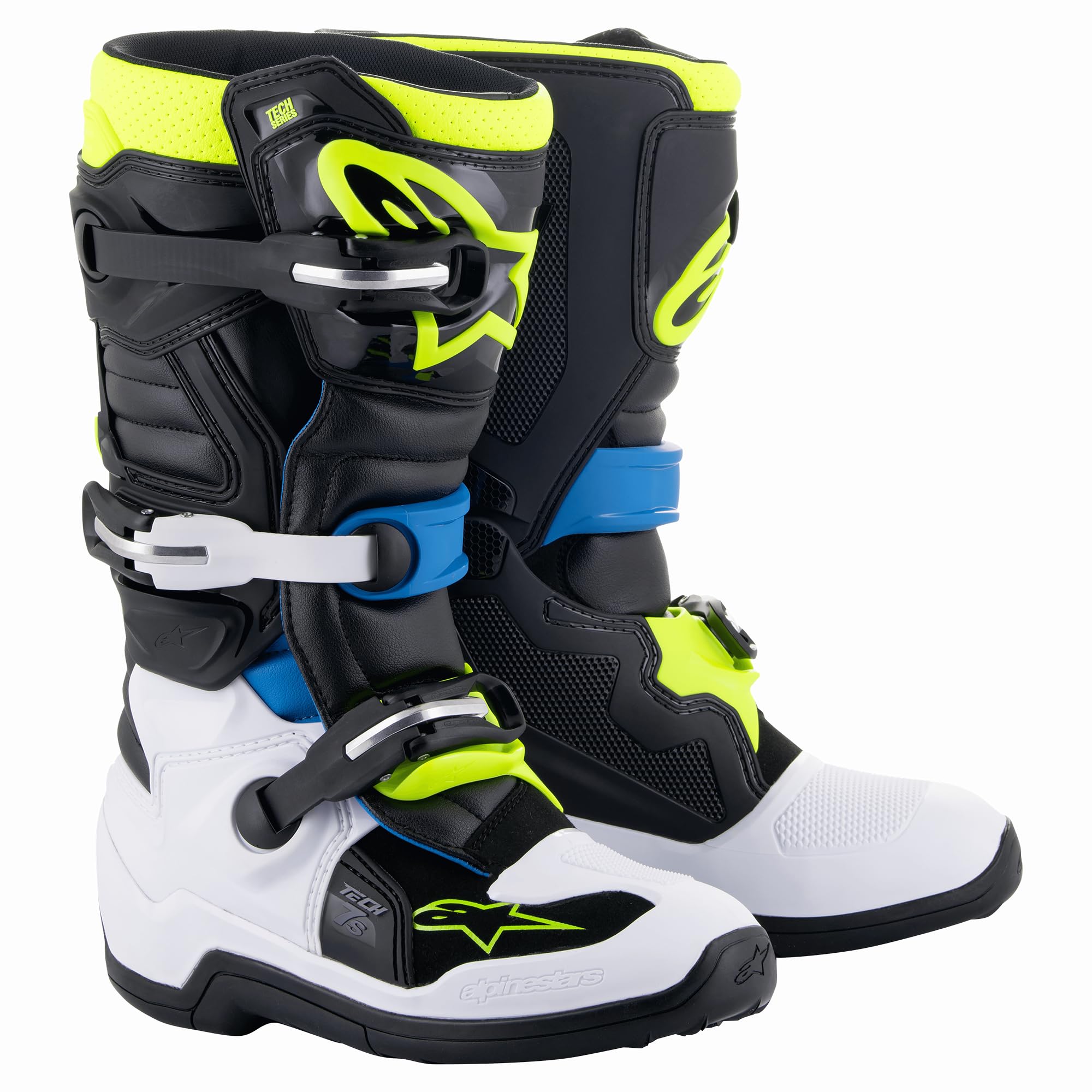 Alpinestars Tech 7S Youth MX Boots (Black/Enamel Blue/Fluo Yellow, 8)
