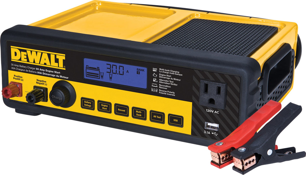 Dewalt Dxaec80 30 Amp Bench Battery Charger: 80 Amp Engine Start, 2 Amp Maintainer, 120V Ac Outlet, 3.1A Usb Port, Battery Clamp