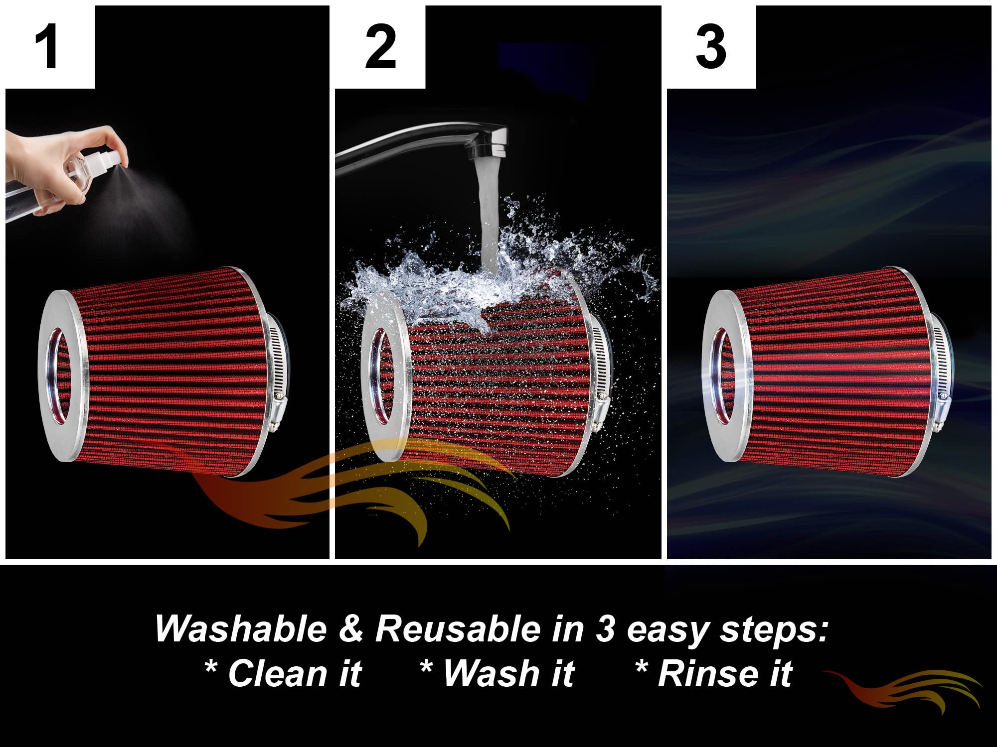 Red 2.75 70 Mm Inlet Cold Air Intake Cone Replacement Quality Performance Washable Clamp-On Dry Air Filter