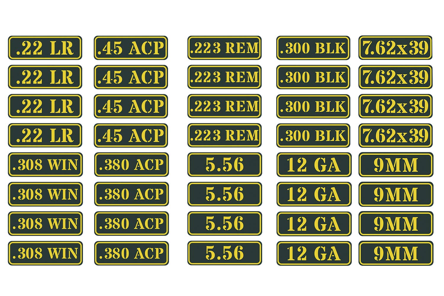 Aolamegs Ammo Can Vinyl Sticker Set Decal Label 9Mm 5.56 7.62 12Ga .22 .223 .308 .300 .380 .45 (40 Pack/10 Varieties)