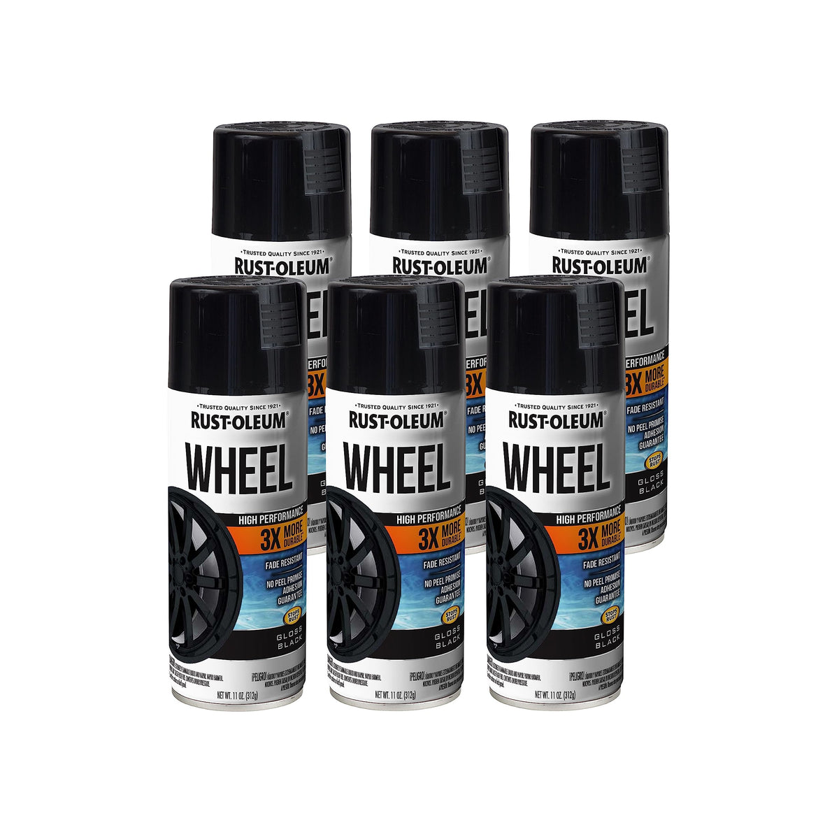Rust-Oleum 368076-6PK High Performance Wheel Spray Paint, 11 oz, Gloss Black, 6 Pack