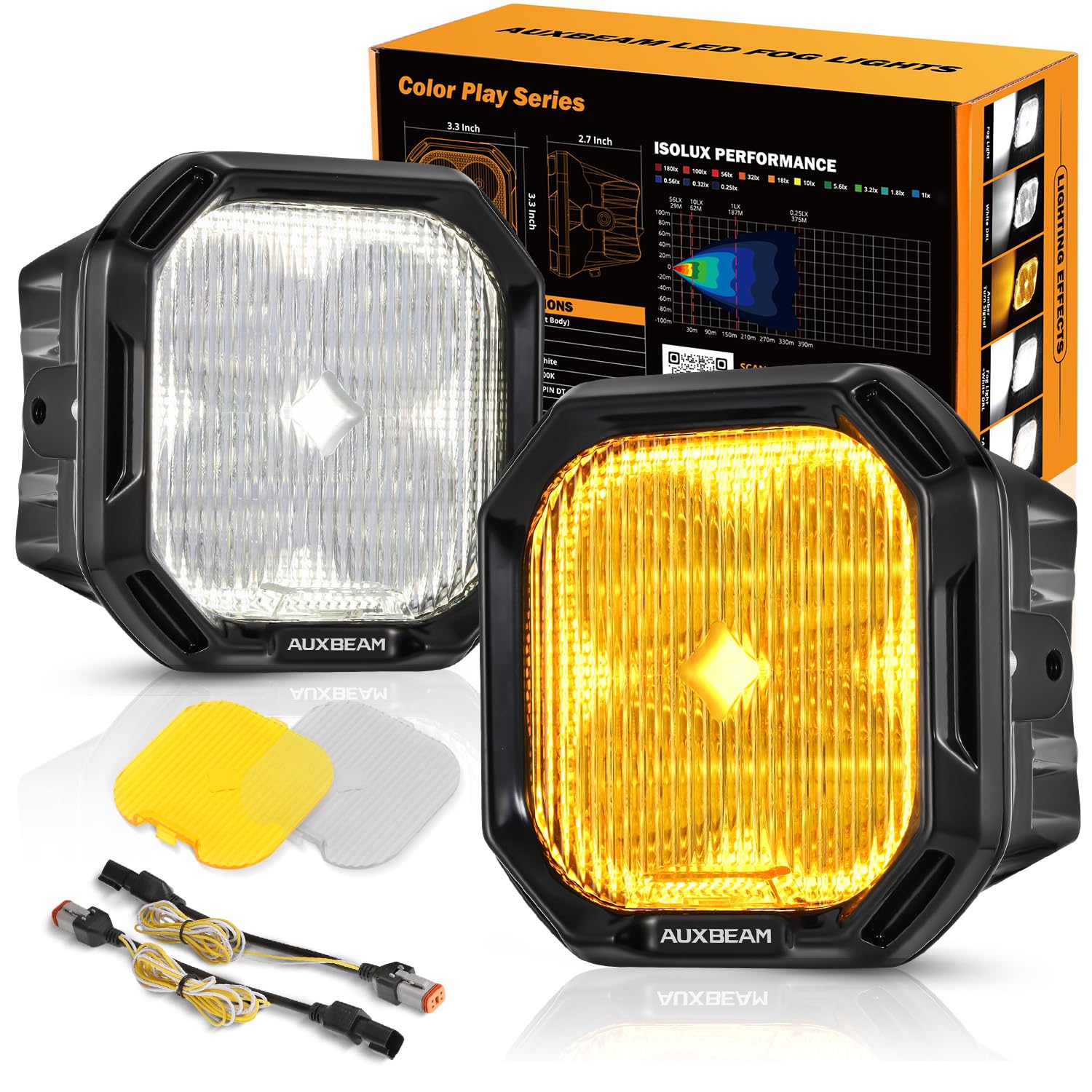 Auxbeam Color Play Series Sae Fog Lights, No Brackets Included, 3 Inch Led Fog Lights With Amber/White Drl & Turn Signal, Dual C