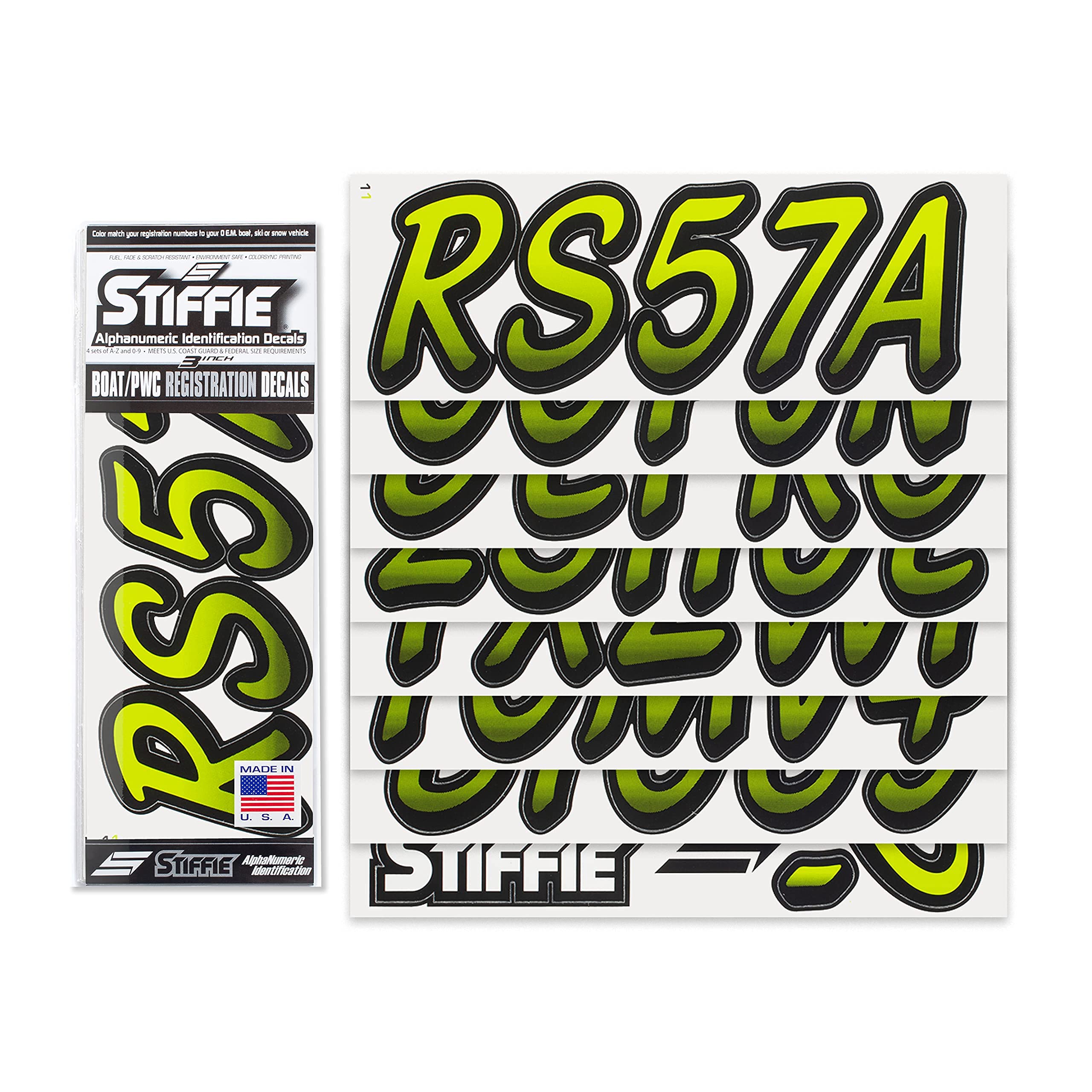 STIFFIE Whipline Atomic Green/Black 3'' Boat & PWC Registration Decals  Numbers Letters Stickers