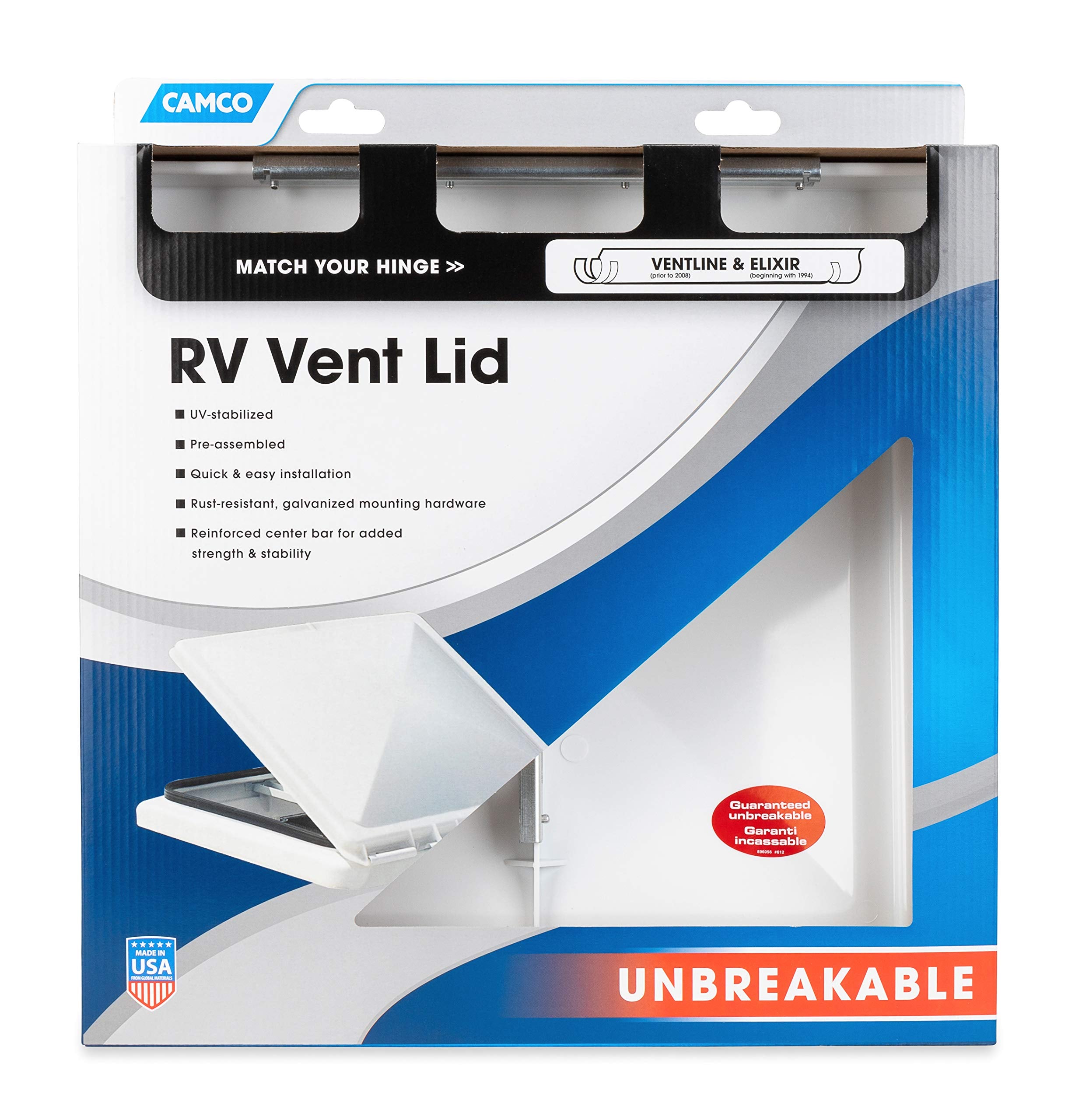 Camco RV Vent Lid | Features an Impact-Resilient Unbreakable Polycarbonate Construction, Comes Pre-Assembled, and Easy to Install (40168),White
