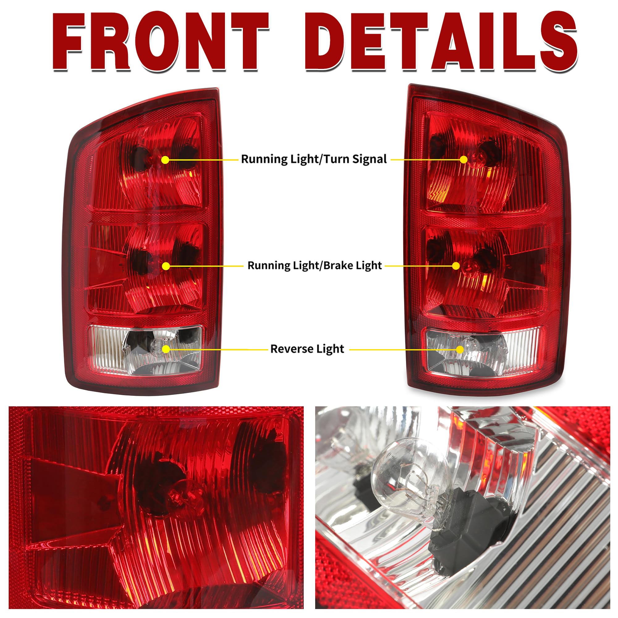 Hecasa Tail Lights Assembly W/Bulb Compatible With 2002-2006 Dodge Ram 1500/2003-2006 Dodge Ram 2500 3500 Pickup Taillight Brake