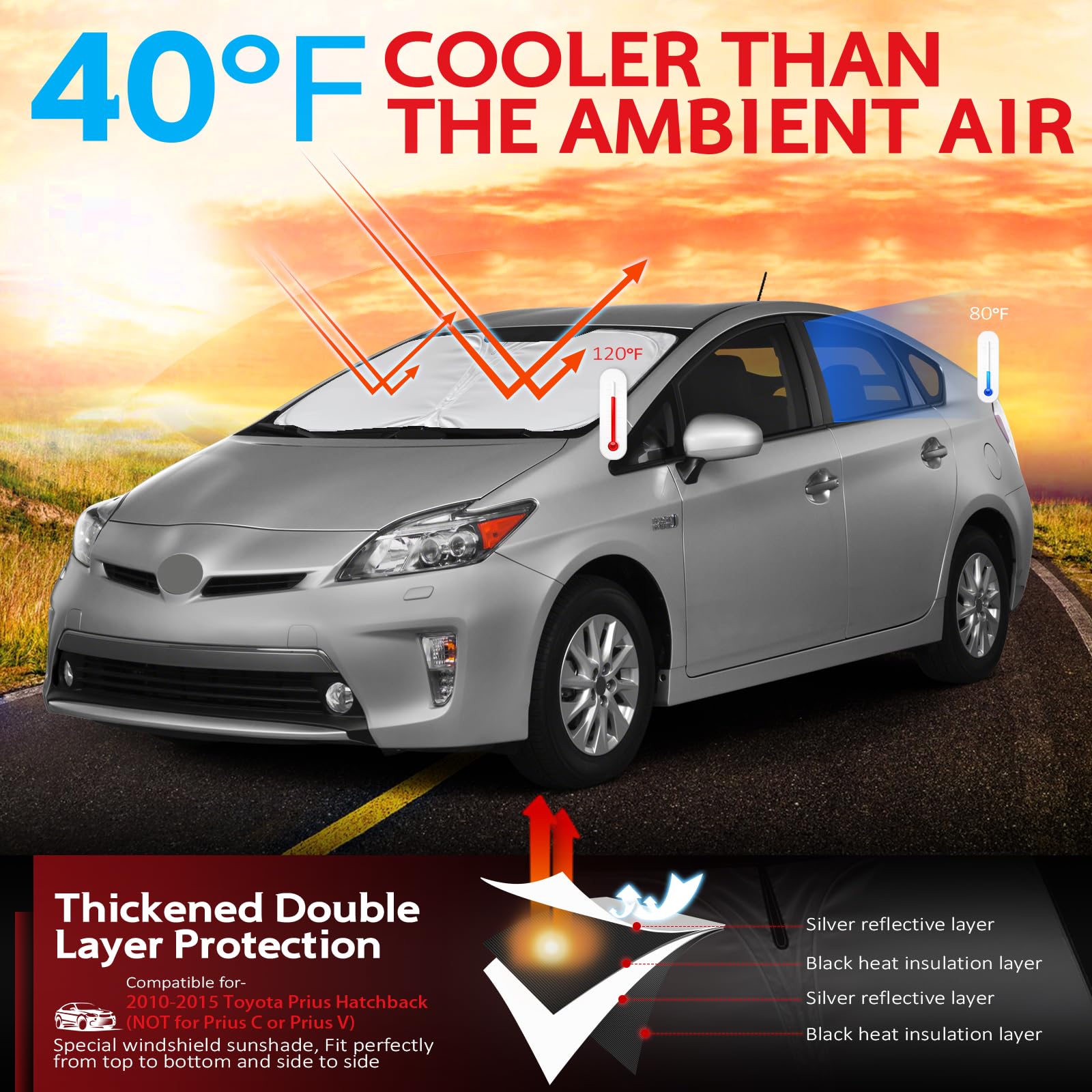 Kayzt Windshield Sun Shade For 2010-2015 Toyota Prius Hatchback (Not For Prius C Or Prius V) Foldable Sunshade Front Window Cust