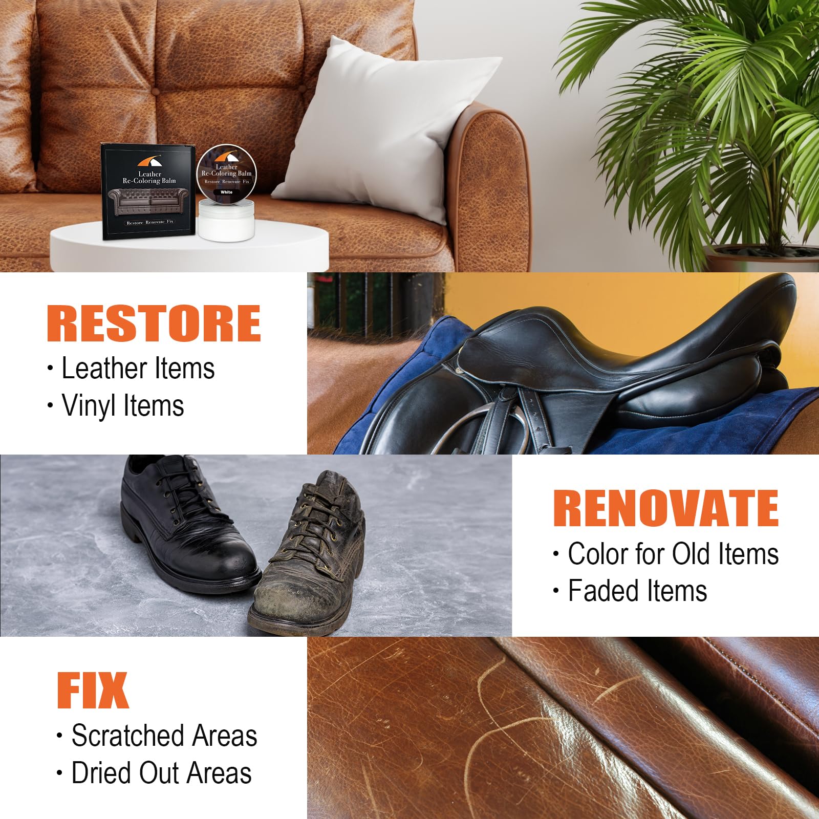 White Leather Repair Kit, White Leather Recoloring Balm, Leather Dye - Restore & Renew Scratch, Faded And Aged Leather & Vinyl C