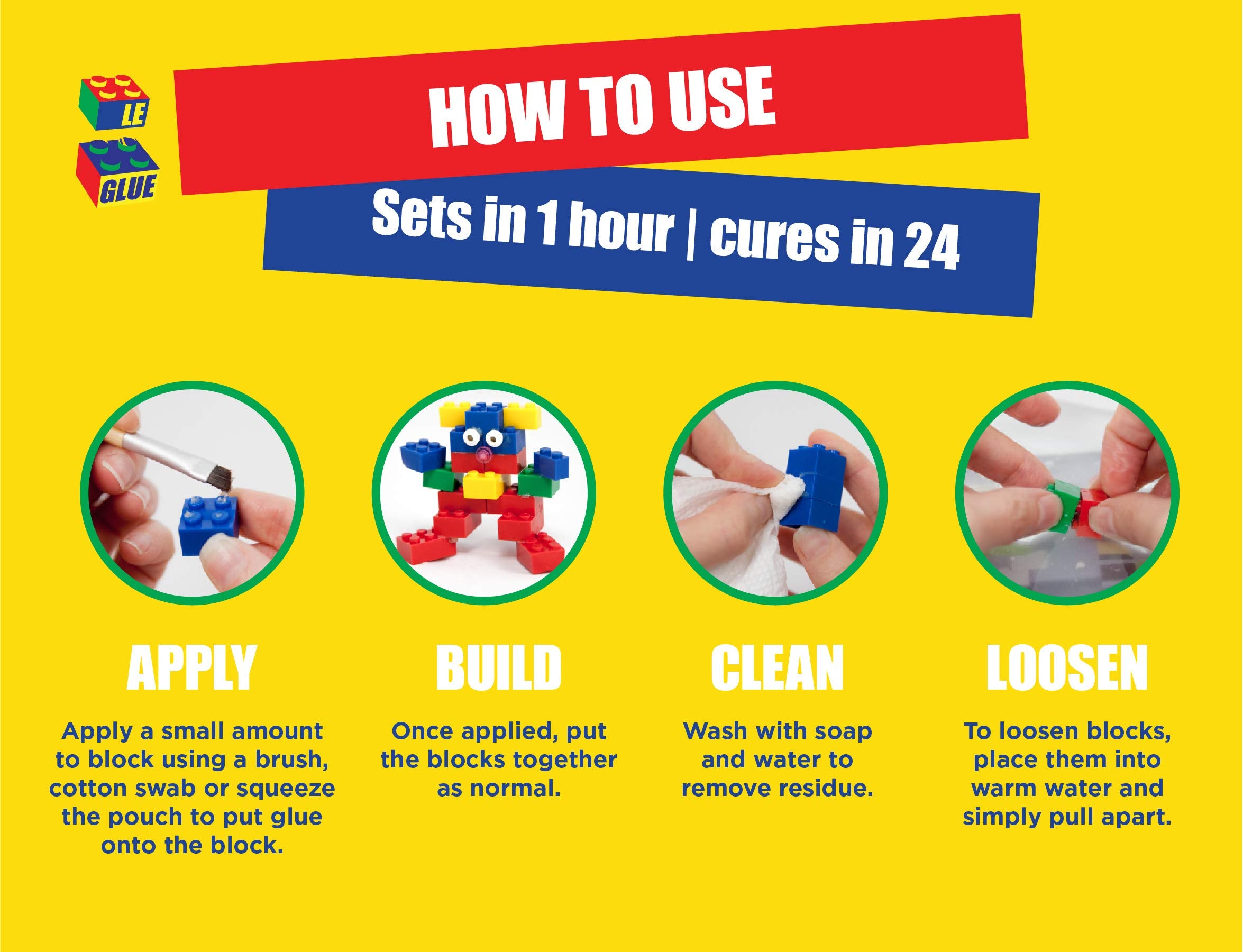 Le-Glue Temporary Adhesive - 3 Pack, Clear, Non-Toxic, Safe for Kids, Ideal for Plastic Building Blocks