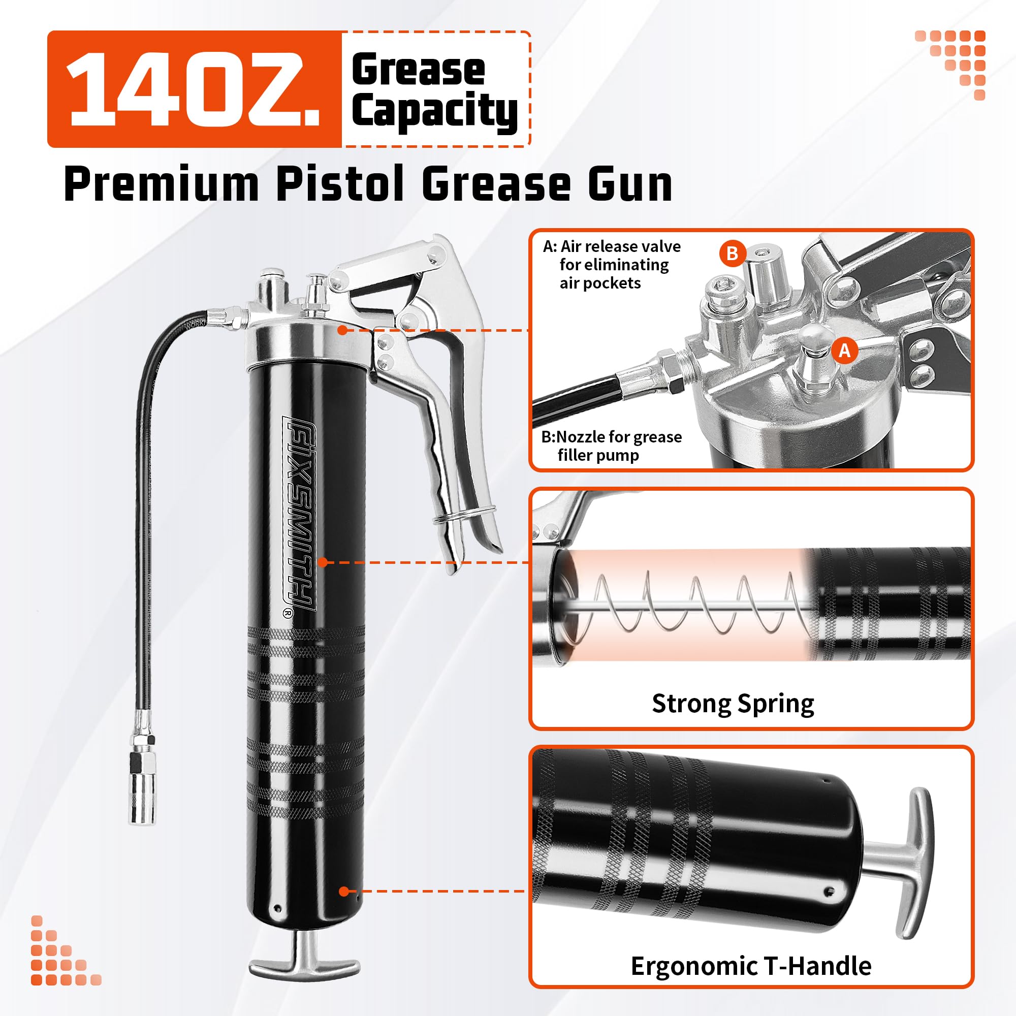 FIXSMITH Grease Gun, 8000 PSI Heavy Duty Pistol Grip Grease Gun Kit, Includes 12'' Reinforced Flexible Hose & 6.6'' Rigid Extens