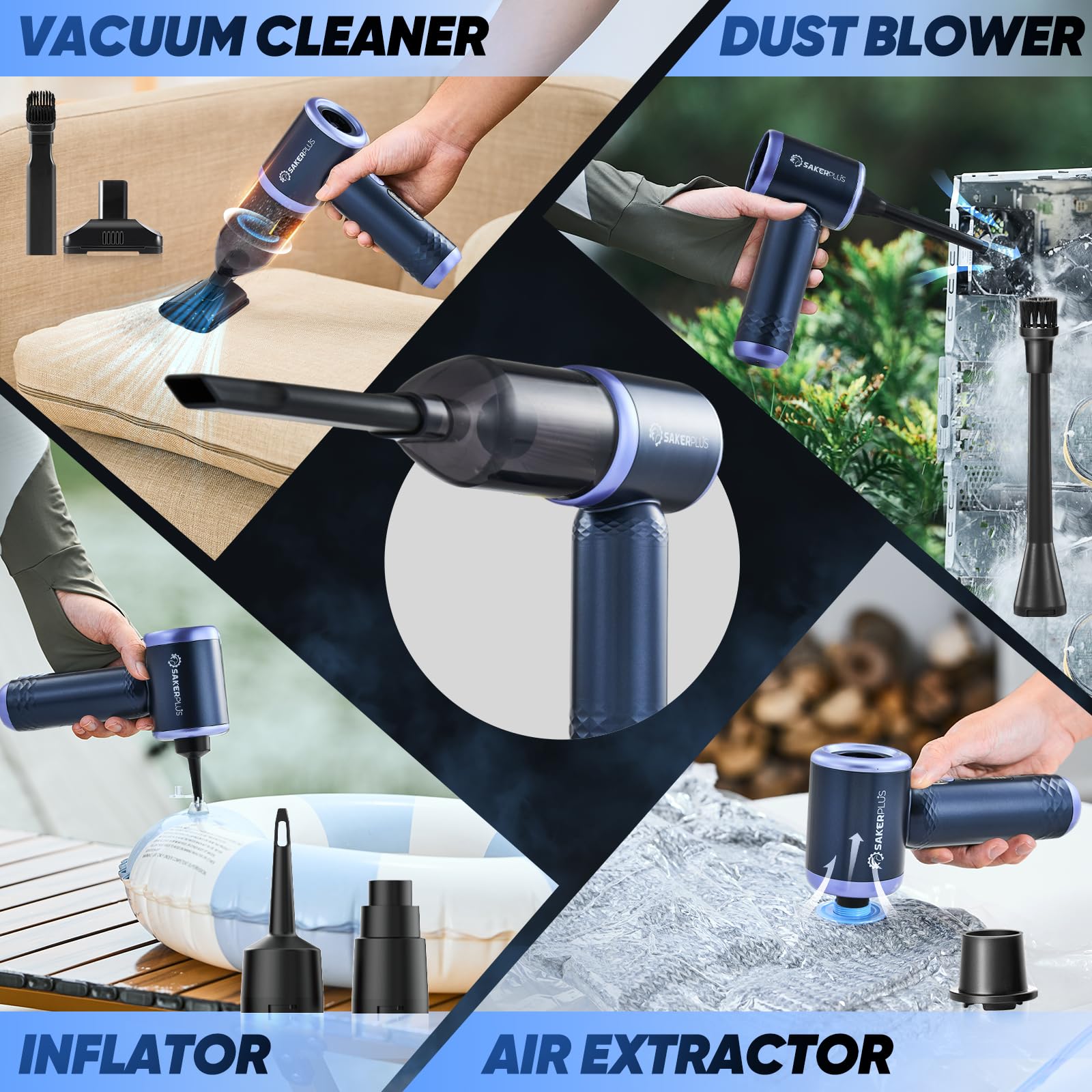 SakerPlus Car Vacuum Cleaner- 3 in 1 Cordless Handheld Vacuum Cleaner, 13000Pa High Power Car Vaccum Cleaner with Brushless Moto