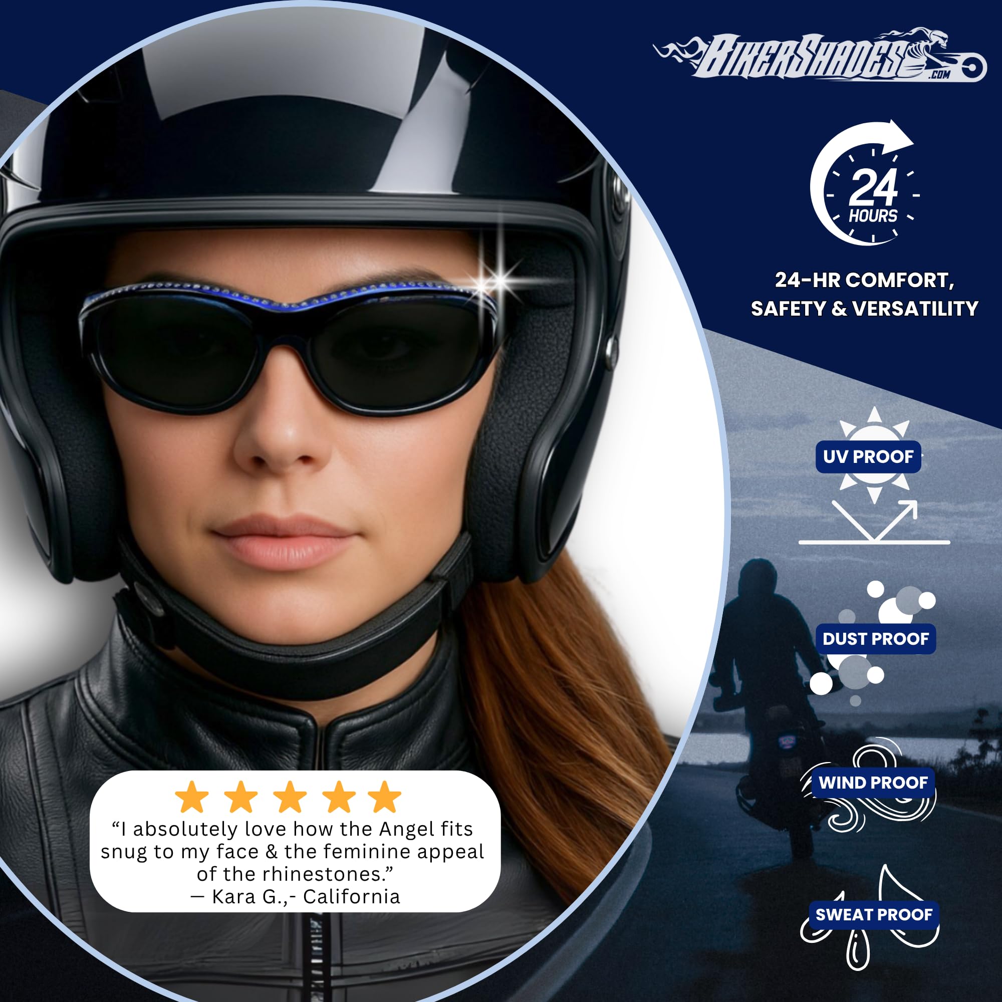 Bikershades Rhinestone Motorcycle Sunglasses Foam Padded For Women. (Smoke Pink + Yellow Pink Combo)