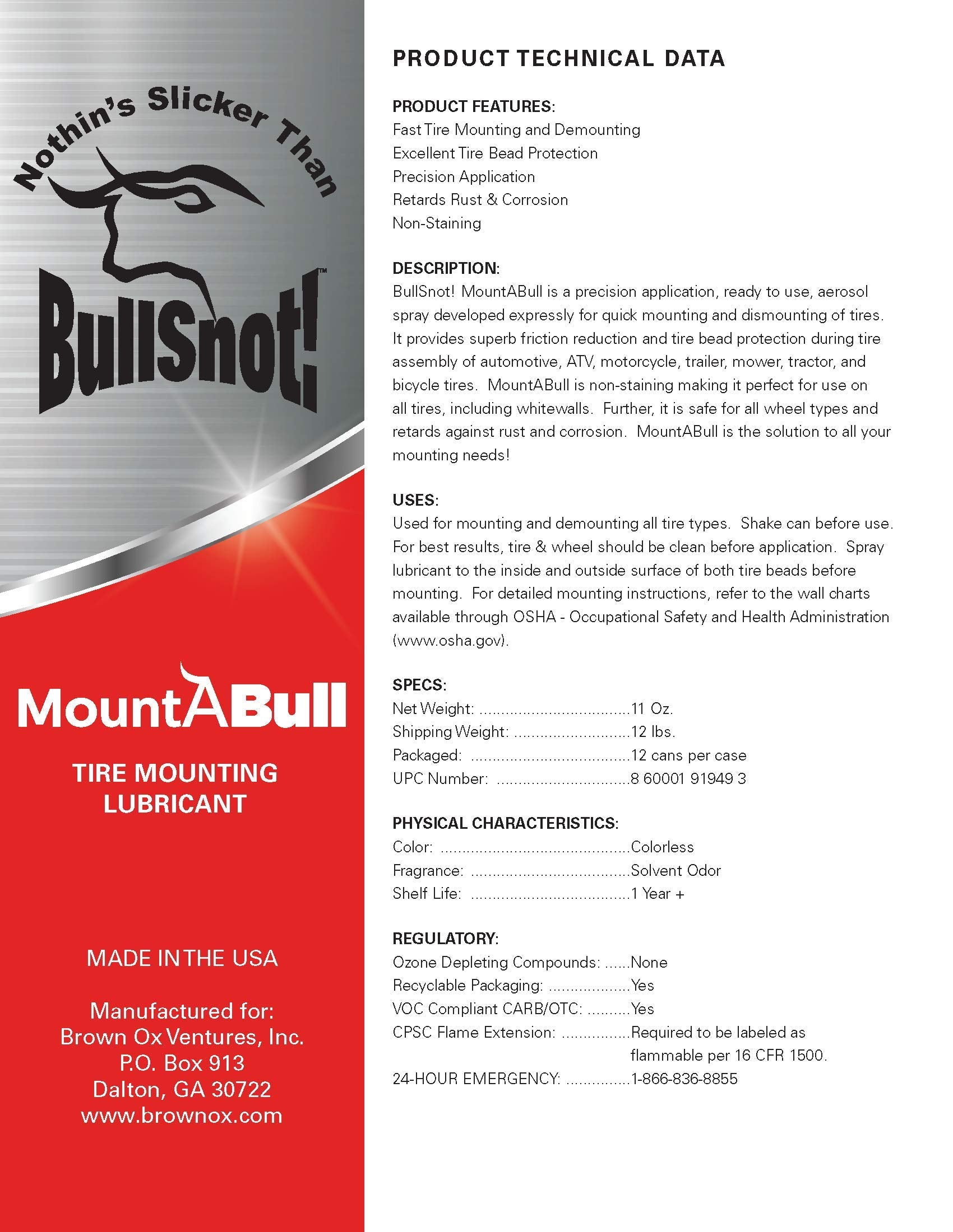 Bullsnot! Mountabull Tire Mounting Lubricant – Non-Staining Aerosol Spray For Quick Tire Mounting, Bead Protection, Rust & Corrosion Resistance – 11Oz