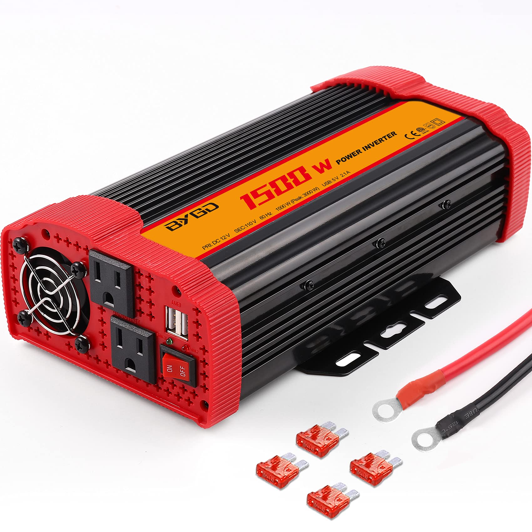 BYGD 1500W Power Inverter DC 12V to 110V AC Converter and Peak Power 3000W Car Inverter with 4.2A Dual USB Ports Quick Charging 