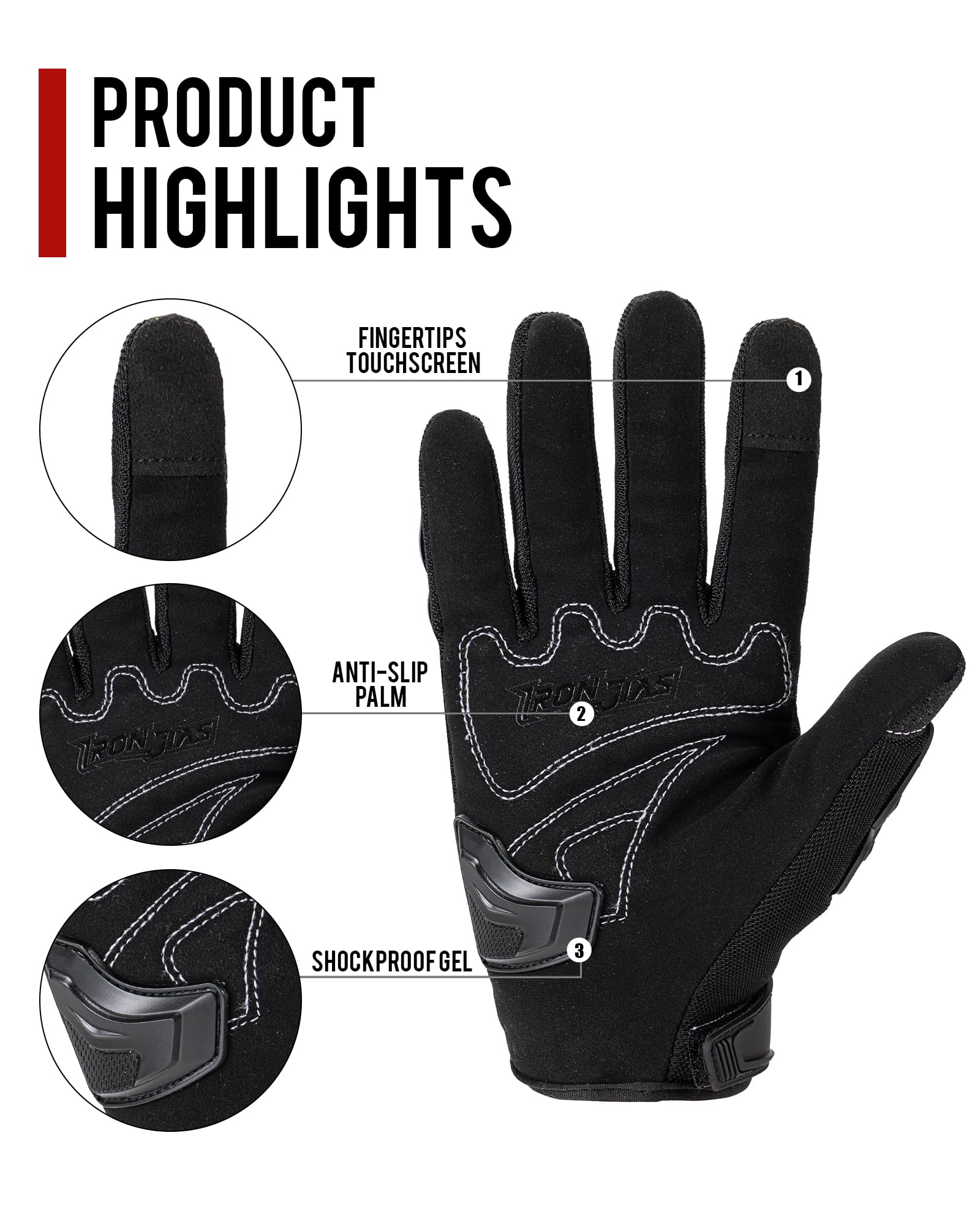 Iron Jia'S Motorcycle Gloves Full Finger Durable For Road Racing Bike Summer Spring Powersports Support Touch Screen Black-L