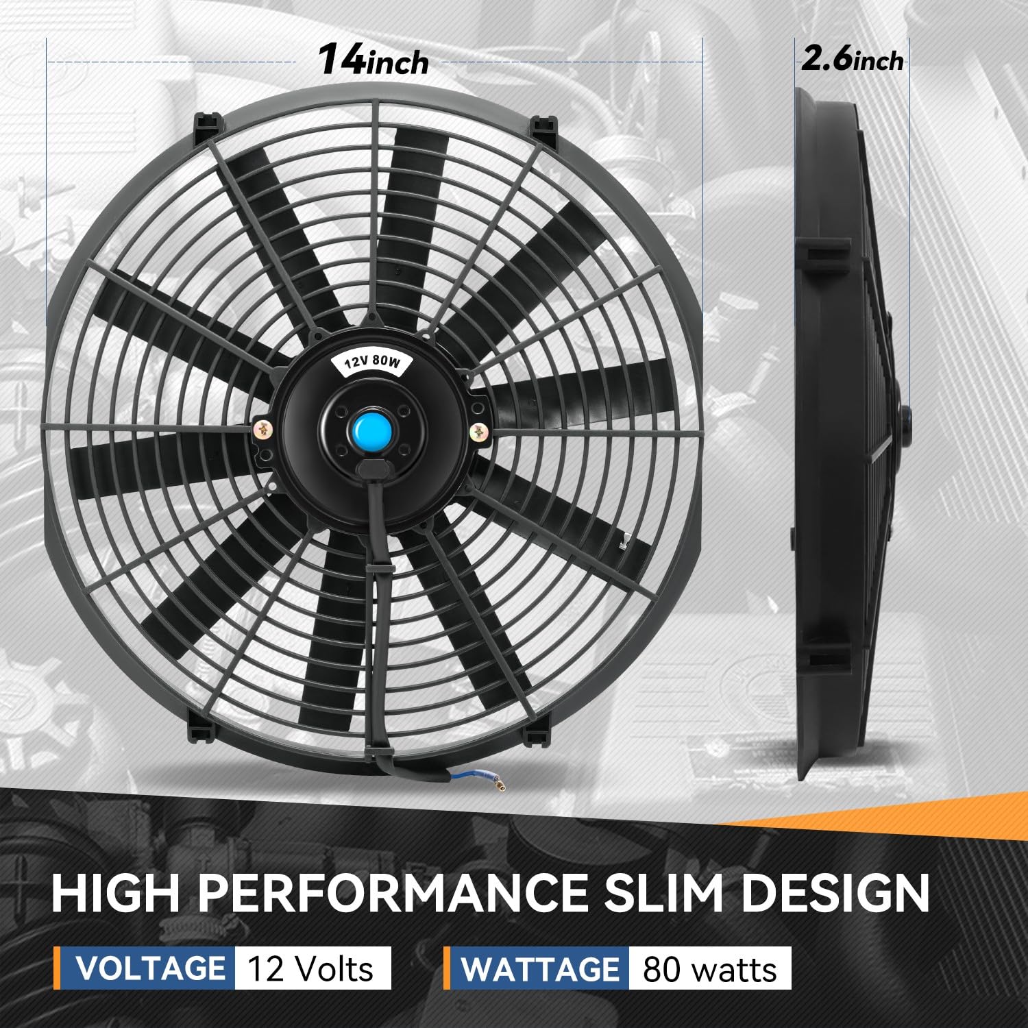 Auto Dynasty Universal 14 Inches High Performance Electric Slim Radiator Cooling Fan With Mounting Kit, (Pack Of 2) 12V, Black