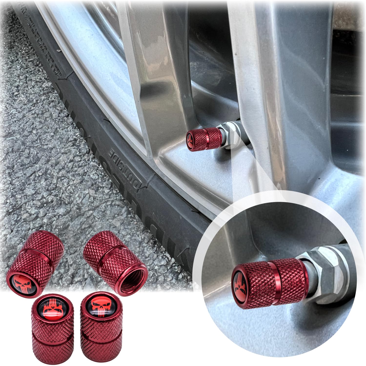 Meajoo 4 Pcs Skull Tire Valve Stem Caps, Universal Skeleton Aluminum Alloy Tire Valve Caps With O Rubber Ring, Compatible For Ca