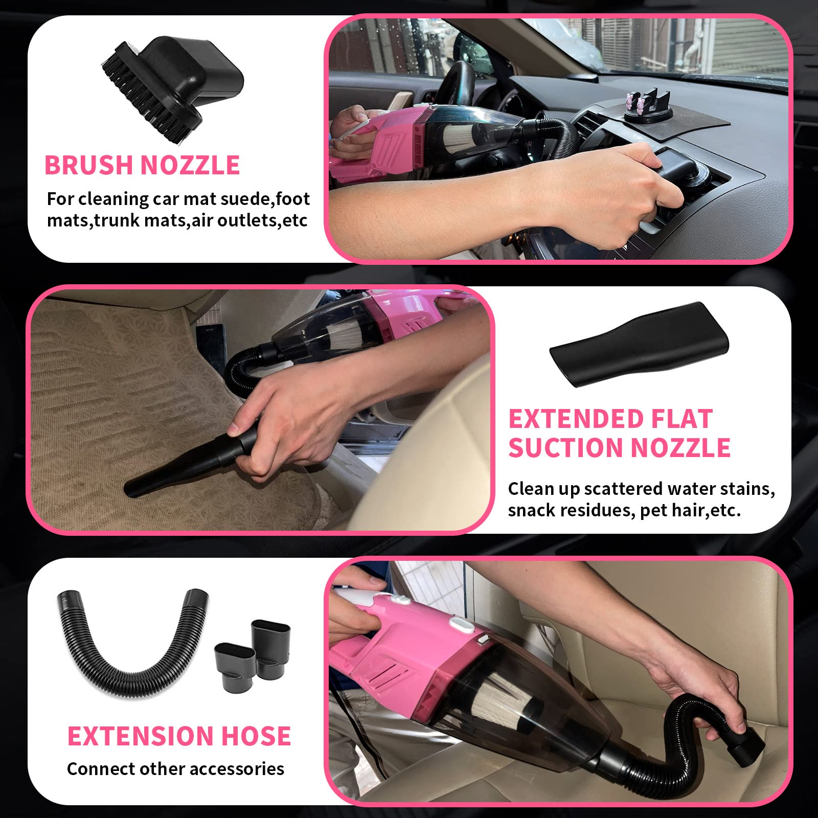 Hordalor Pink Car Interior Detailing Kit, 16Pcs Car Cleaning Kit With High Power Handheld Vacuum, Detailing Brush Set, Cleaning