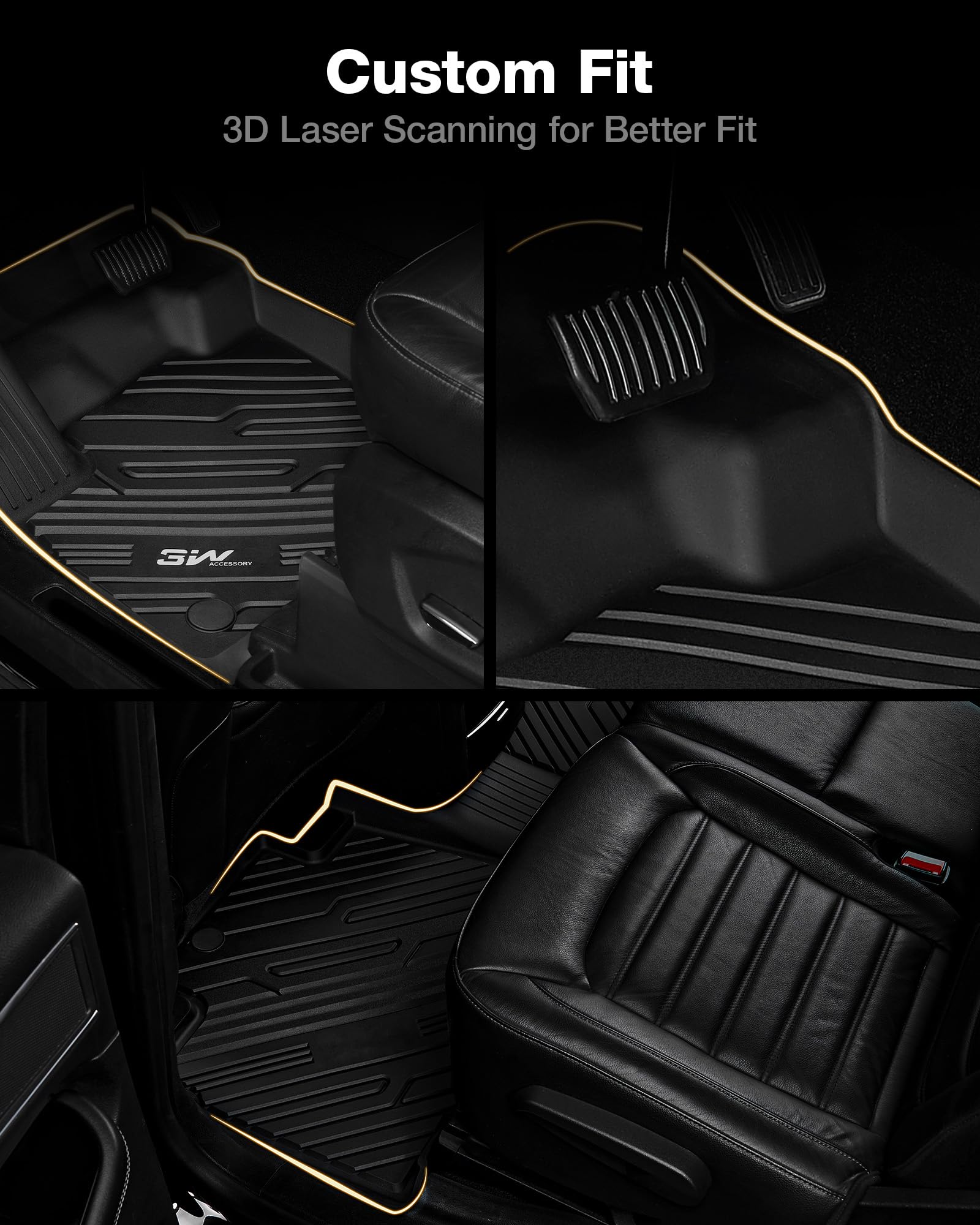 3W All Weather Custom Fit Ford Edge Floor Liner, 1St & 2Nd Row Full Set, Black