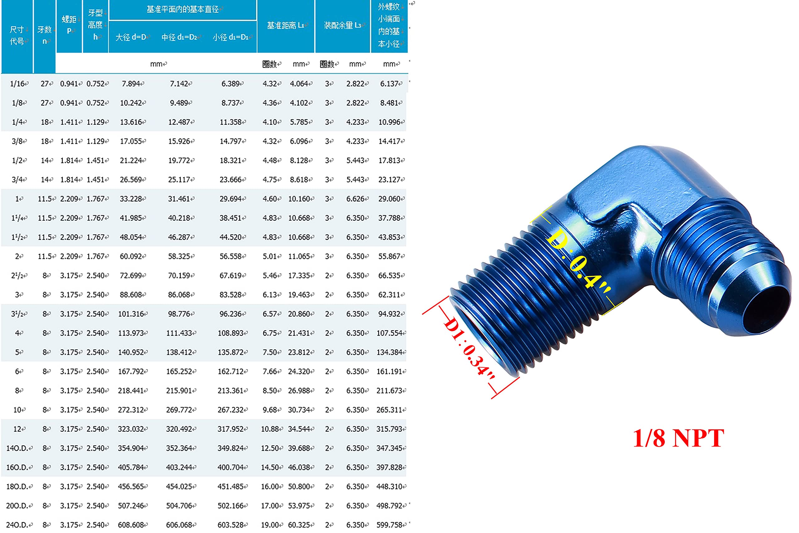 Ac Performance 90 Degree Elbow -3 An Male To 1/8'' Npt Male Fitting Adapter Connector Aluminum Blue