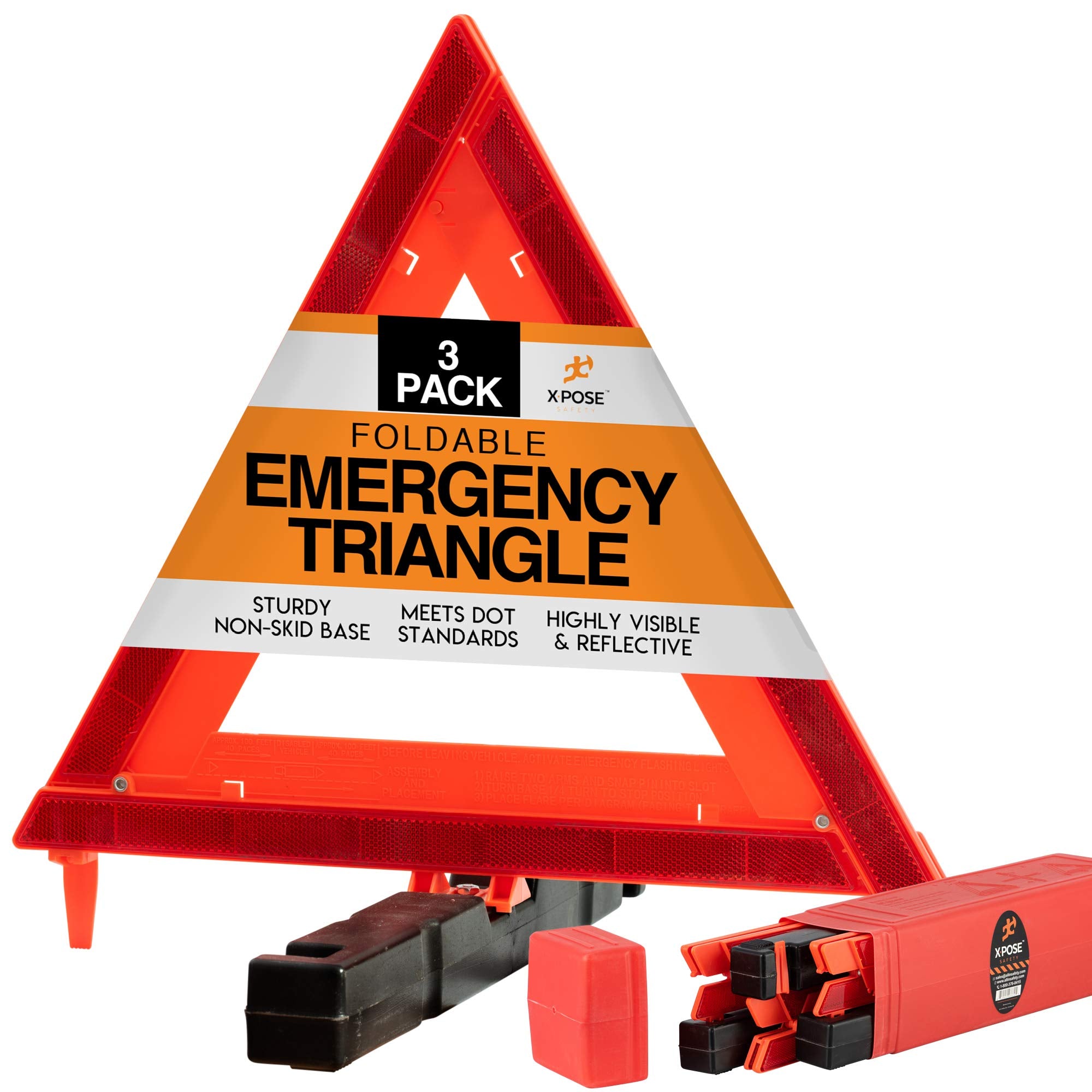 Xpose Safety Reflective Emergency Triangles 3 Pack - Roadside Car Safety and Warning Tool - DOT Approved Triangle Reflectors - R