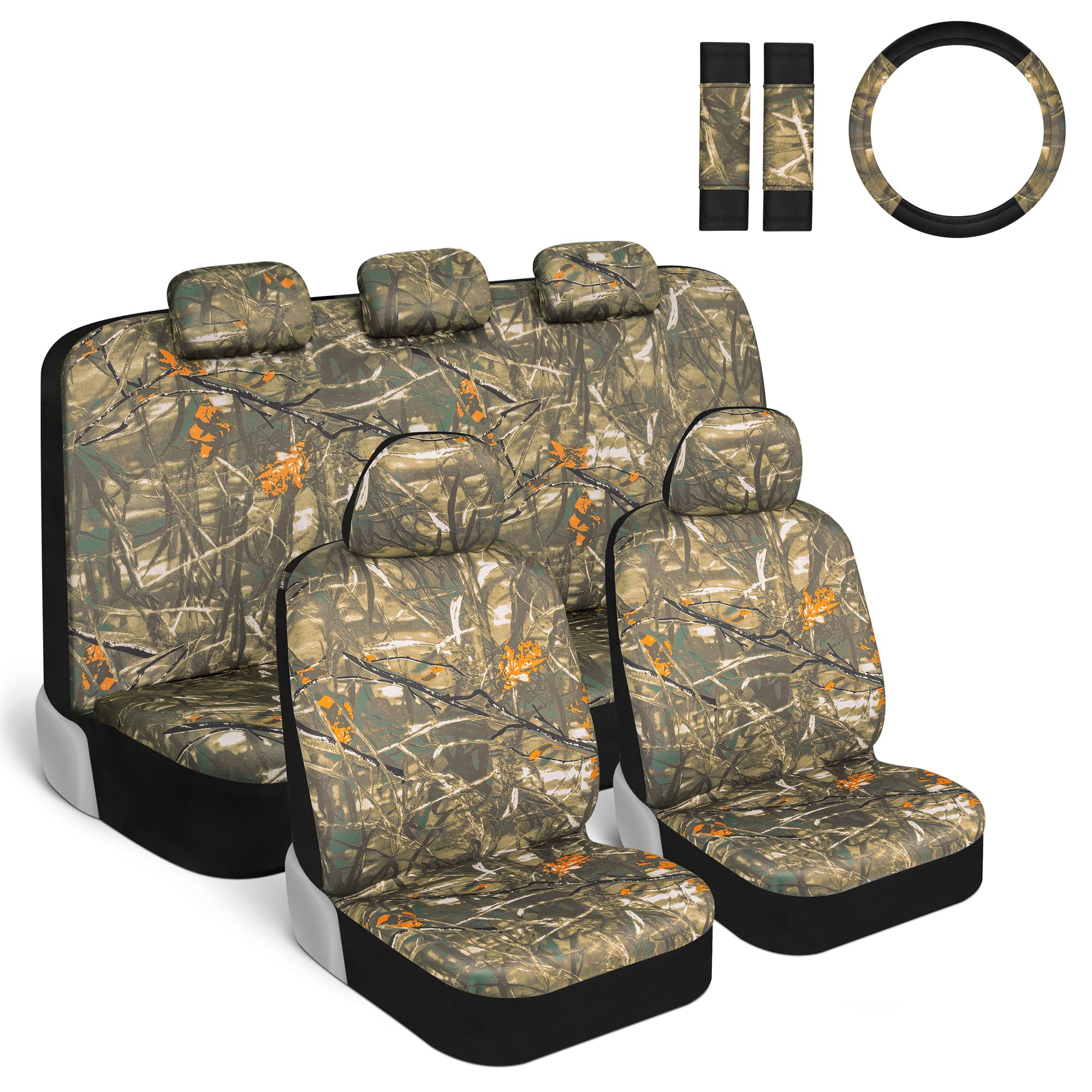 Bdk Hunter Camo Car Seat Covers Full Set With Camo Steering Wheel Cover And Seat Belt Cover Pad - Forest Camouflage Pattern, Aut