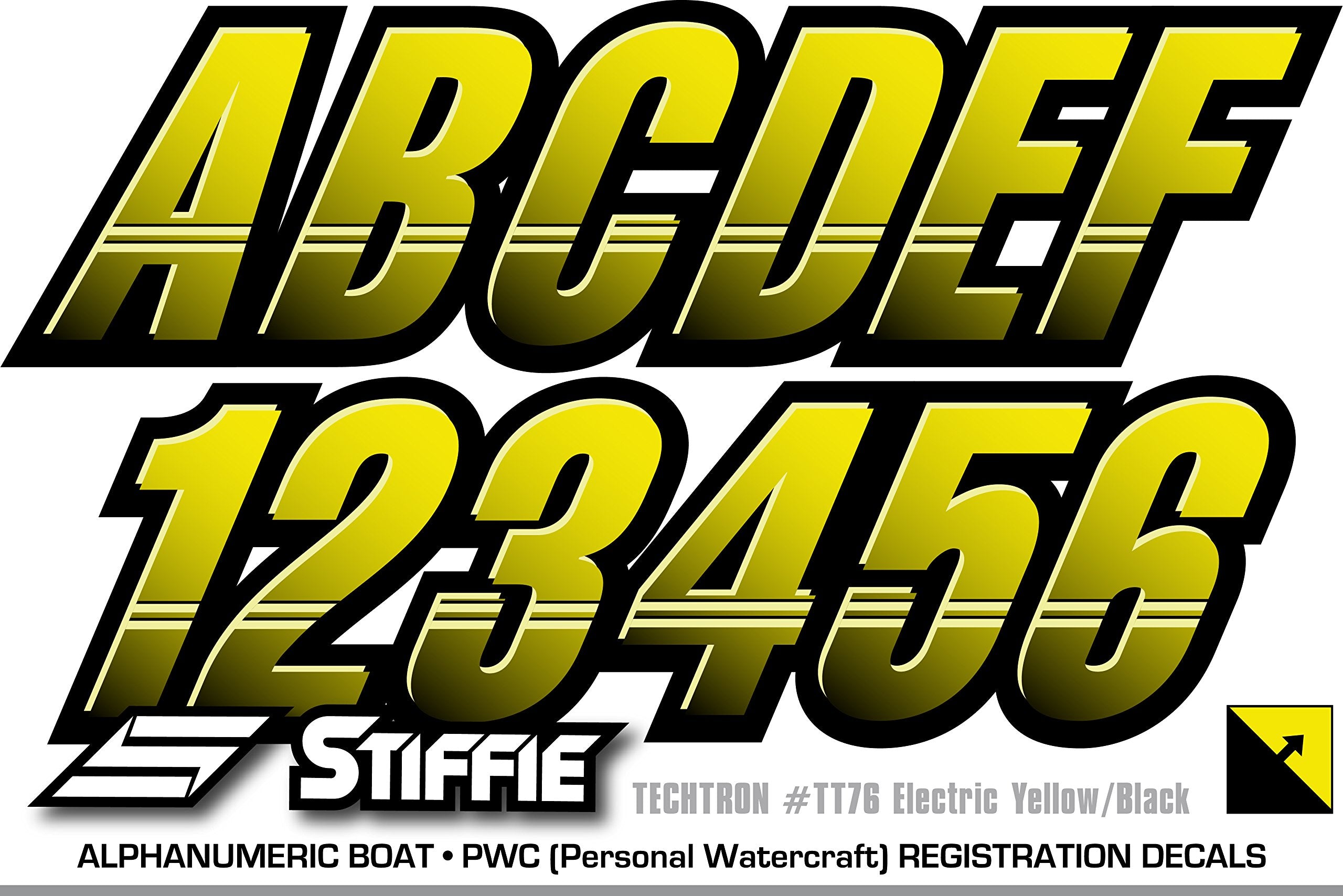 Stiffie Techtron Electric Yellow/Black 3 '' Boat & Pwc Registration Decals  Numbers Letters Stickers