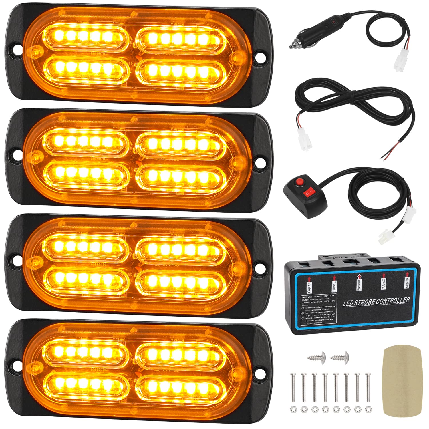 Linkitom 4Pcs Ultra Slim Sync Feature 24-Led Car Truck Surface Mount Emergency Hazard Warning Strobe Light (Amber)
