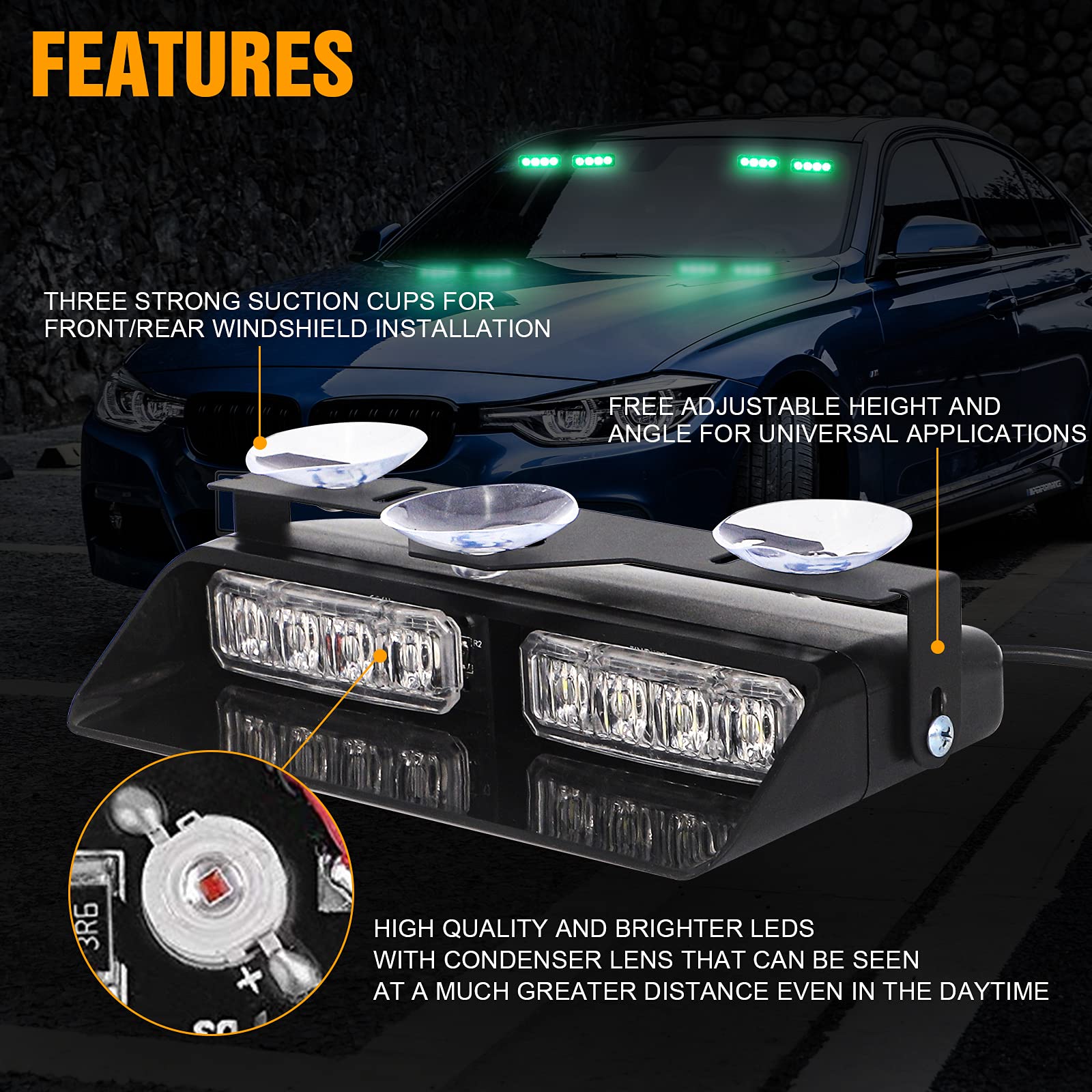 Xridonsen 2 In 1 Green Emergency Dash Strobe Lights Interior Windshield Warning Safety Flashing Lights Law Enforcement W/Suction Cups For Volunteer Police Vehicles, Trucks (2×7.16 Inch, 16 Led)