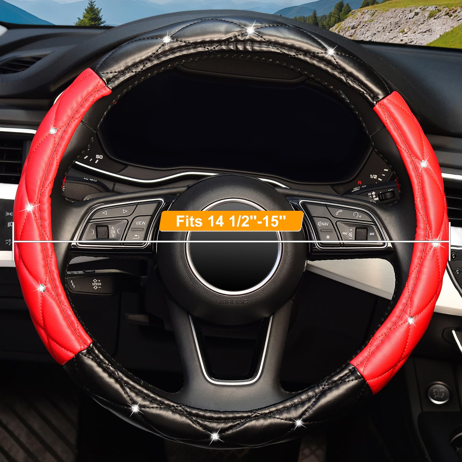 Kafeek Diamond Soft Leather Steering Wheel Cover With Bling Bling Crystal Rhinestones, Universal 15 Inch, Black Red
